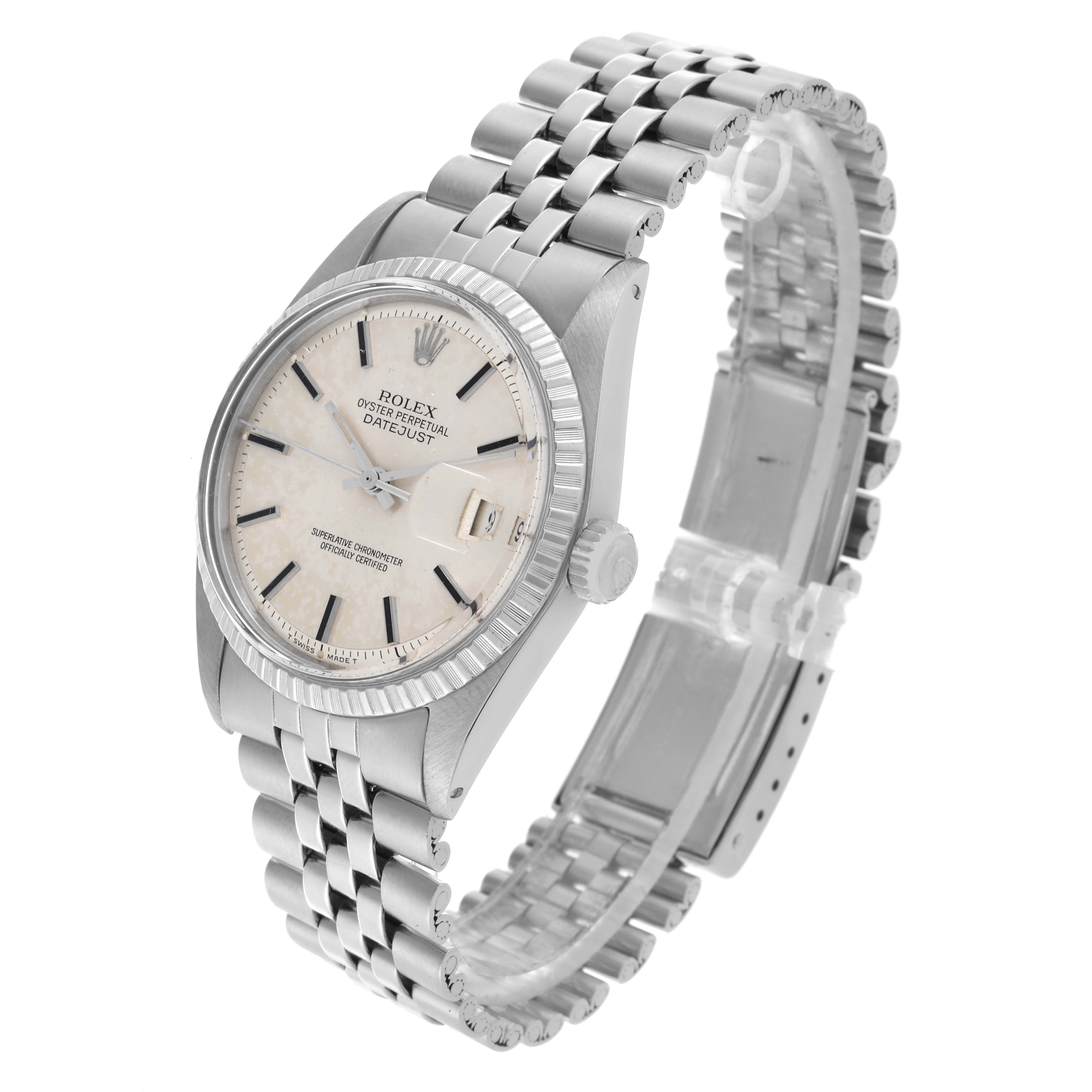 The Rolex Vintage Collection 1603 Men's Stainless Steel Silver Dial 1603 Men's Stainless Steel Silver Dial watch is shown at an oblique angle, highlighting the face, bezel, crown, and Jubilee bracelet.