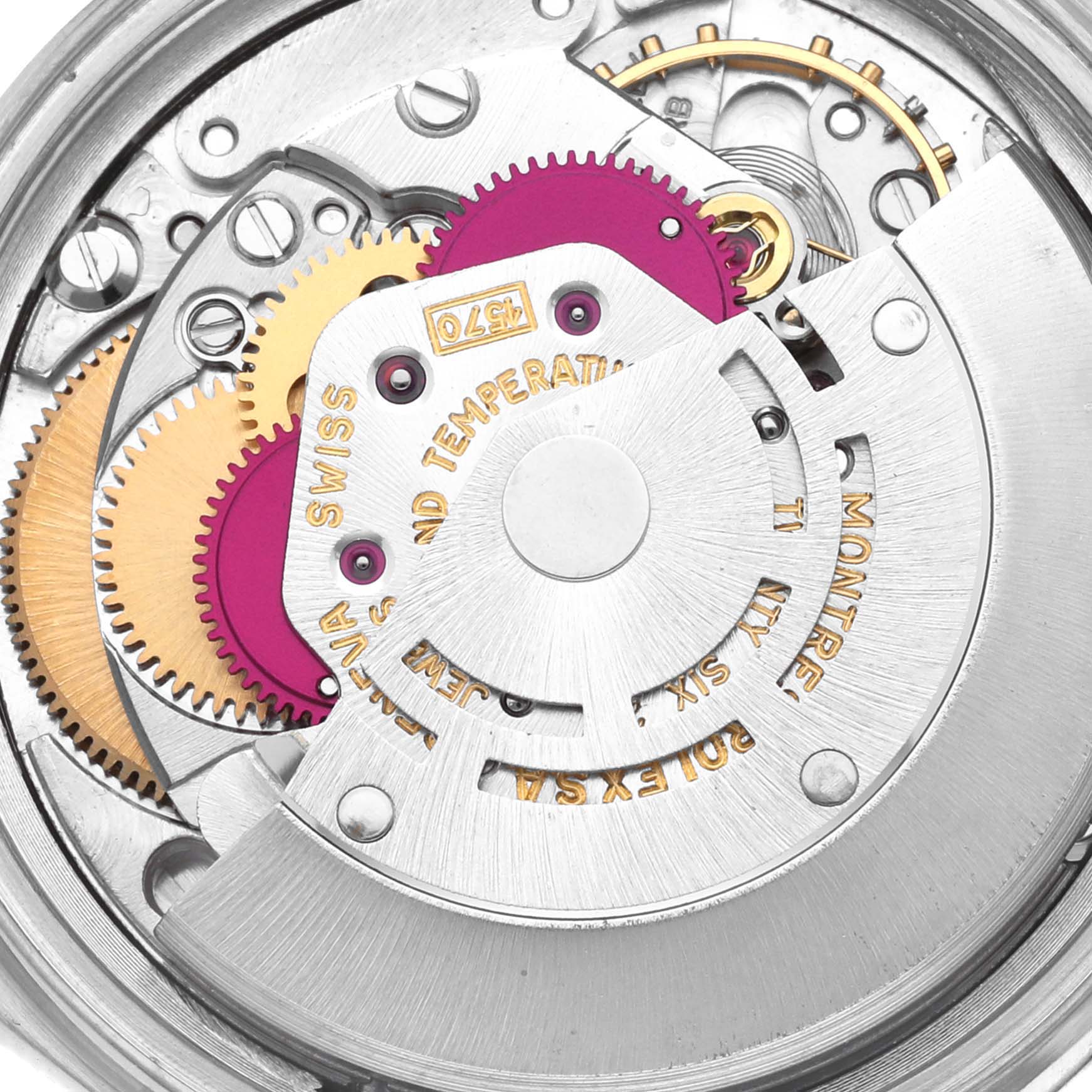 The image shows the intricate inner mechanism of the Rolex Vintage Collection 1603 Men's Stainless Steel Silver Dial 1603 Men's Stainless Steel Silver Dial watch from the back view.