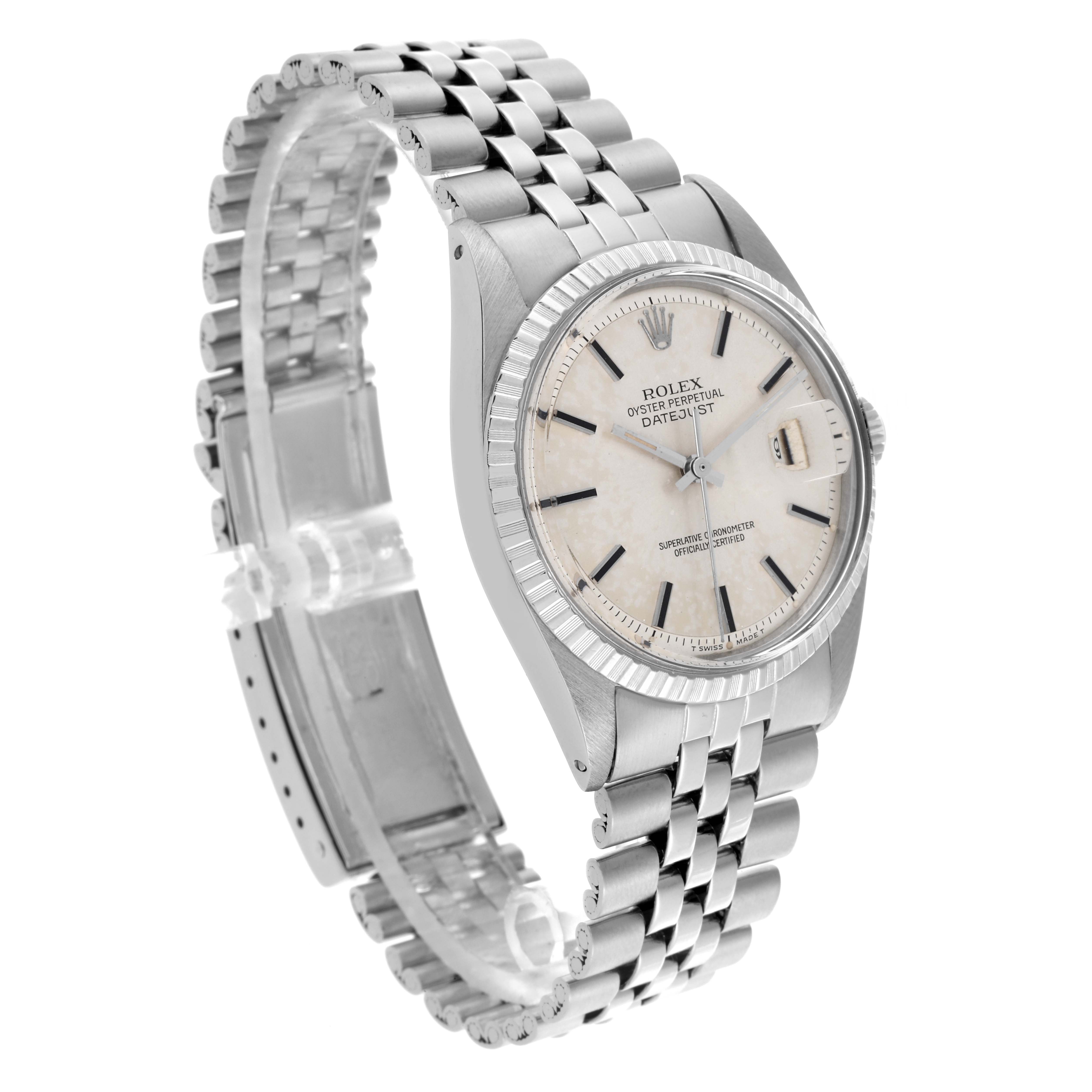 The Rolex Vintage Collection 1603 Men's Stainless Steel Silver Dial 1603 Men's Stainless Steel Silver Dial watch is shown at a slight angle, highlighting the face, bezel, and stainless steel bracelet.