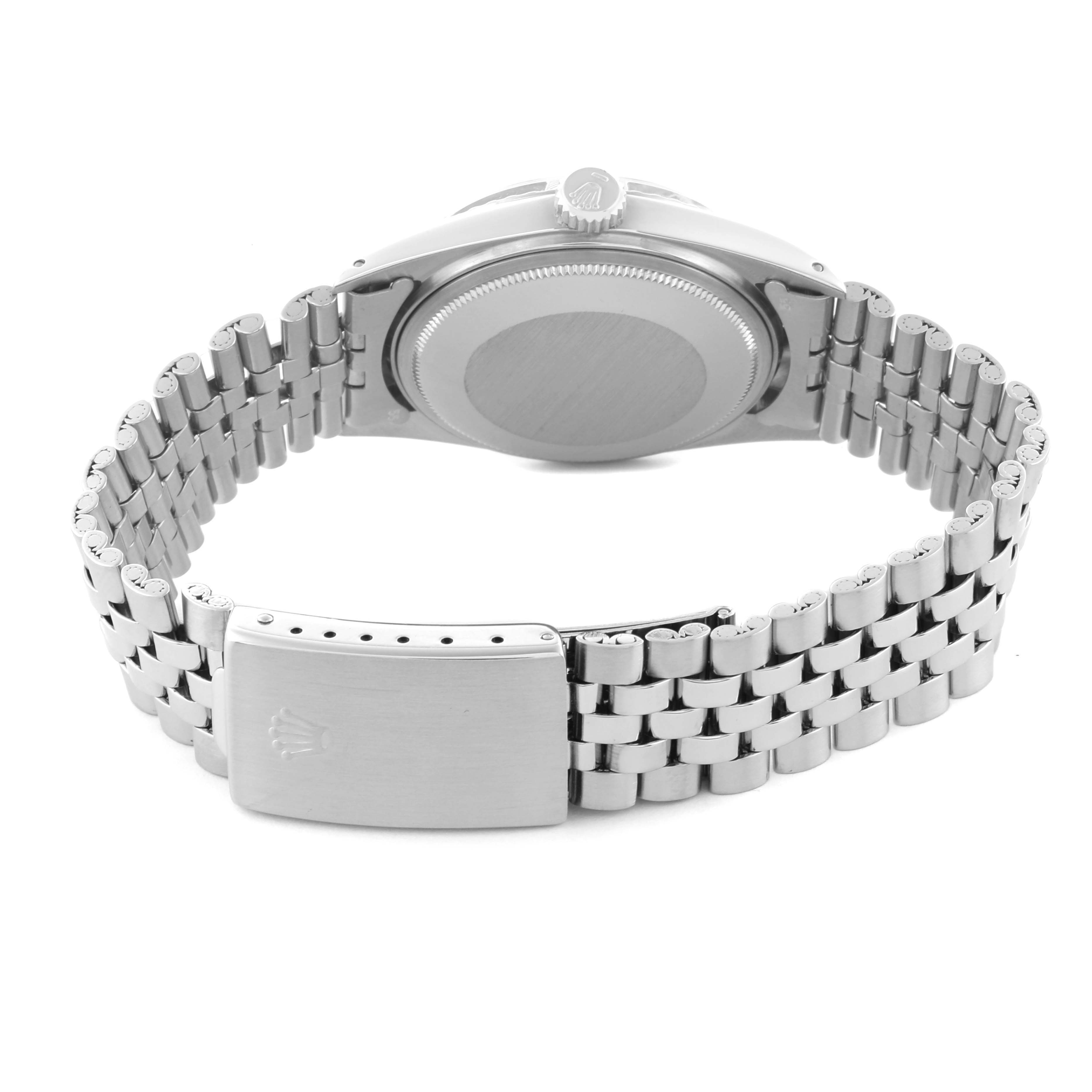 The image shows the back of the Rolex Vintage Collection 1603 Men's Stainless Steel Silver Dial 1603 Men's Stainless Steel Silver Dial watch, highlighting the clasp, bracelet, and case back.