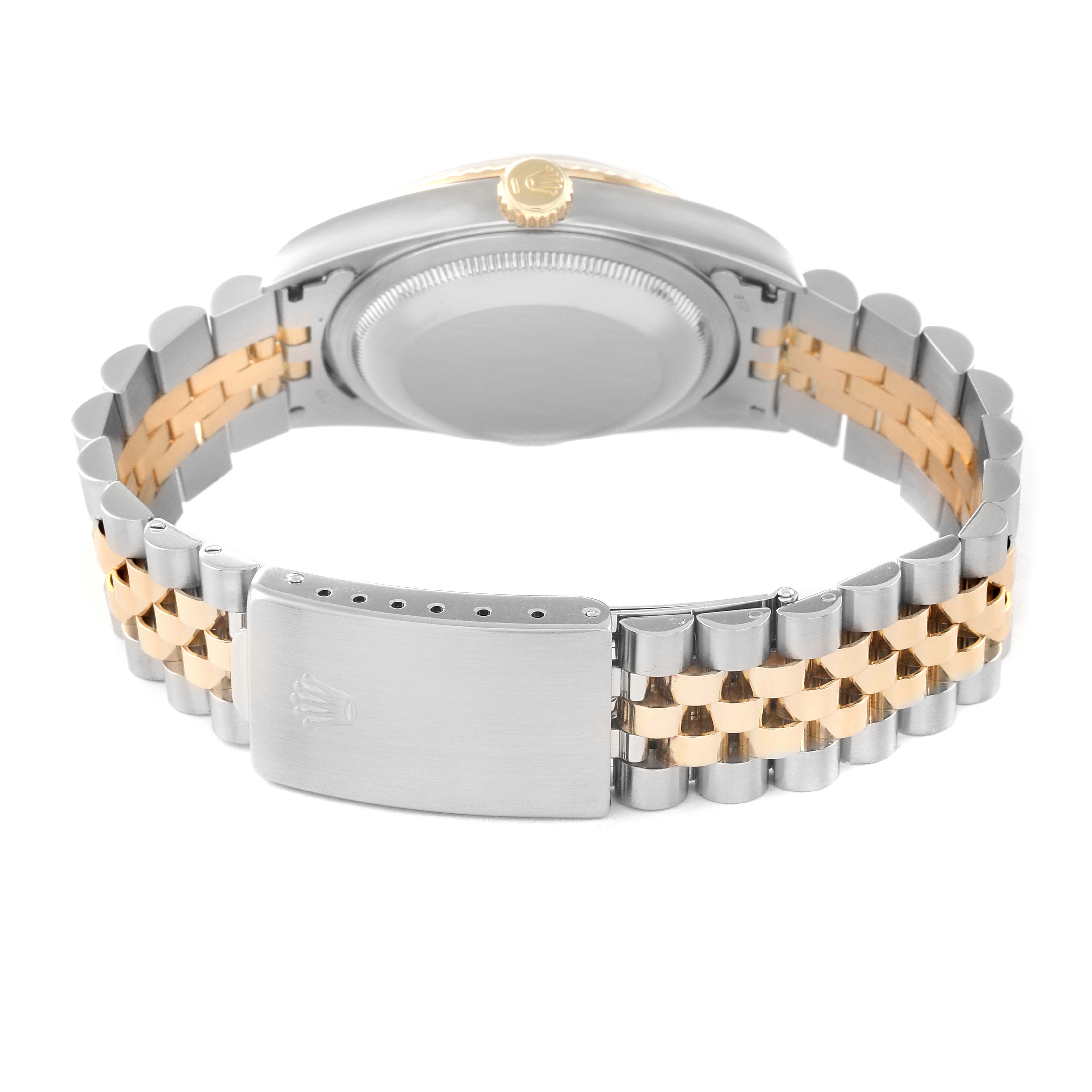 This image shows the back view of a Rolex Datejust 16233 Men's Steel and Gold (two tone) Champagne Dial 16233 Men's Steel and Gold (two tone) Champagne Dial watch, highlighting the clasp, case back, and two-tone bracelet.