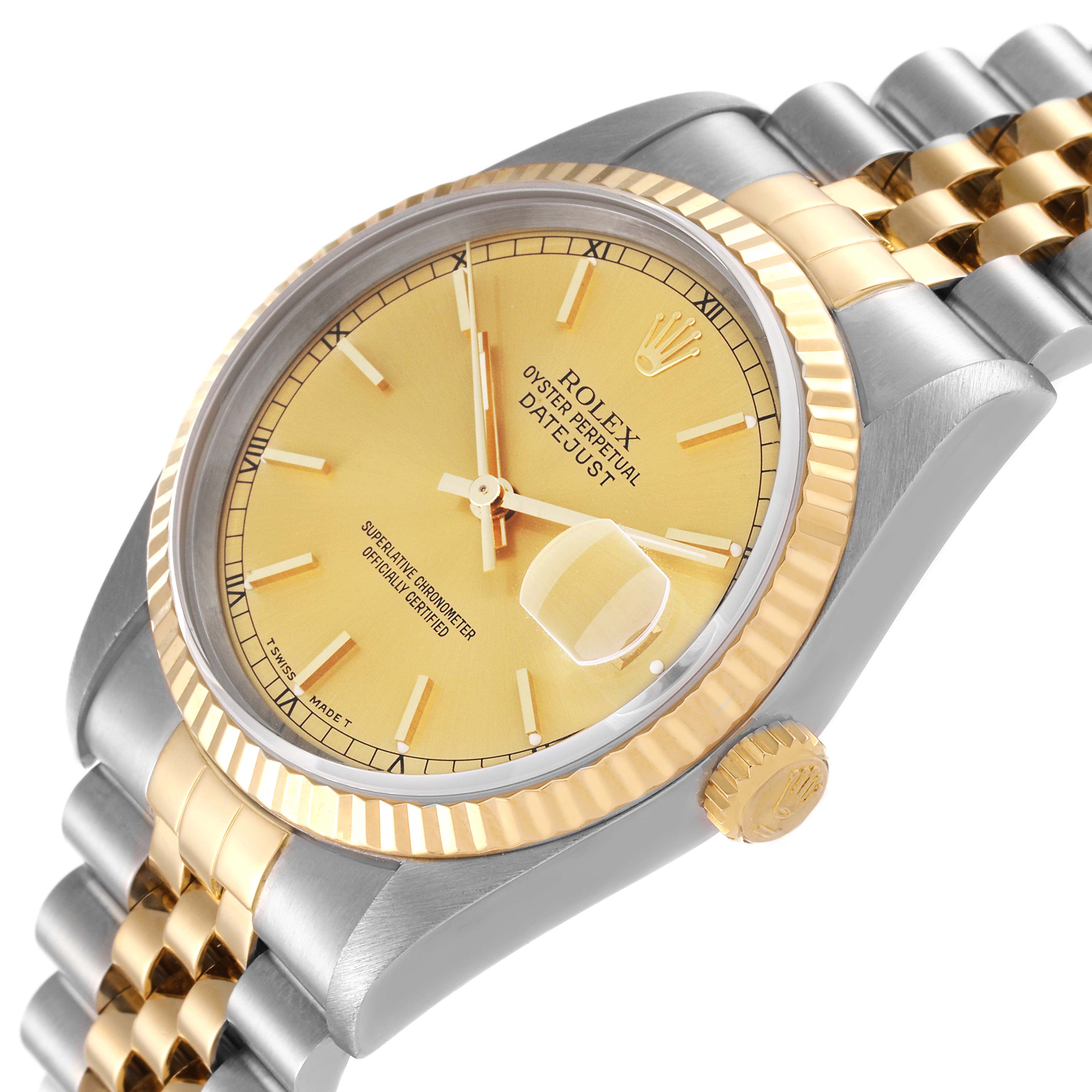 The image shows the dial, fluted bezel, crown, and bracelet of the Rolex Datejust 16233 Men's Steel and Gold (two tone) Champagne Dial 16233 Men's Steel and Gold (two tone) Champagne Dial watch at an angled view.