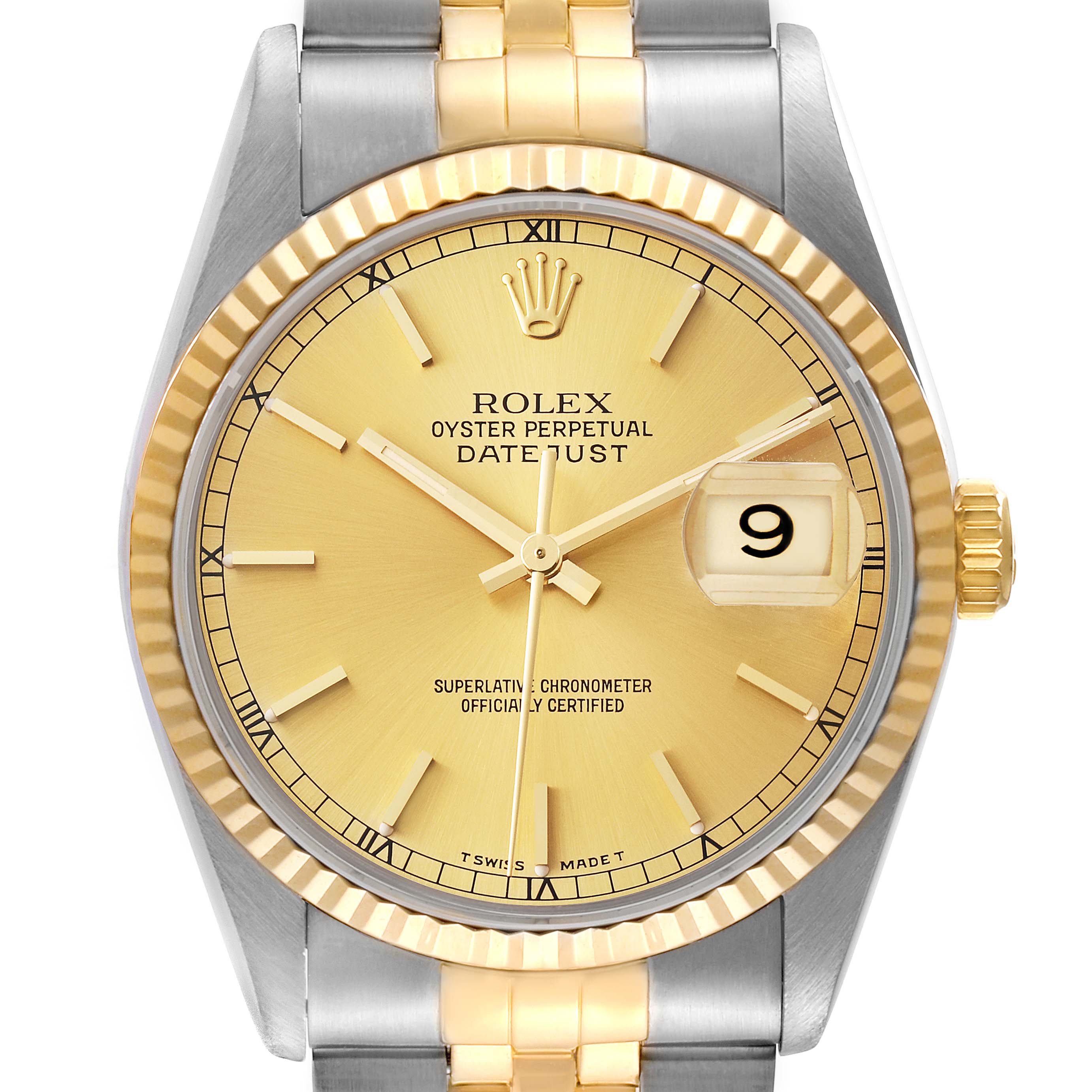 This image shows a front view of a Rolex Datejust 16233 Men's Steel and Gold (two tone) Champagne Dial 16233 Men's Steel and Gold (two tone) Champagne Dial watch, displaying the dial, hands, date window, and part of the bracelet.