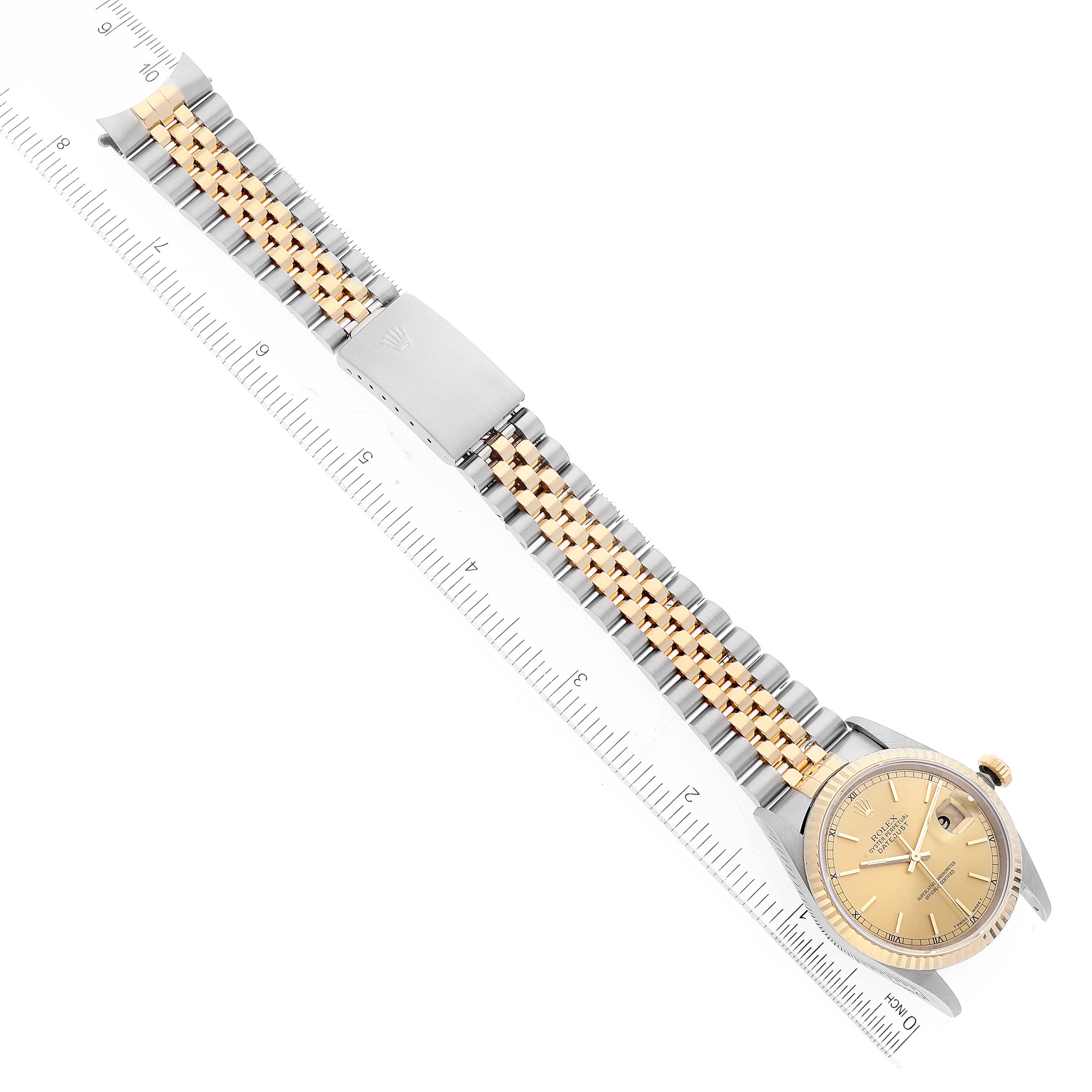 The image shows a Rolex Datejust 16233 Men's Steel and Gold (two tone) Champagne Dial 16233 Men's Steel and Gold (two tone) Champagne Dial watch laid flat with its face, jubilee bracelet, and clasp displayed from a top-down angle.