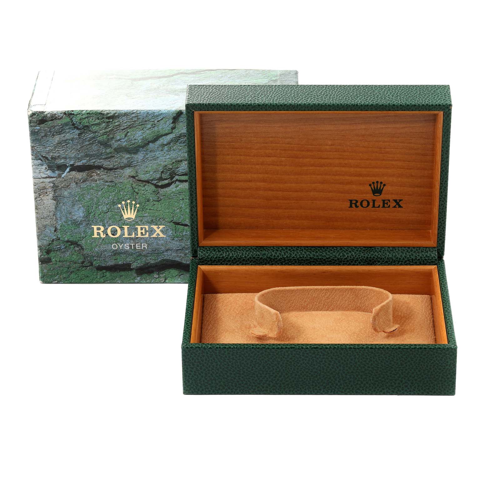 The image shows an open Rolex Datejust 16233 Men's Steel and Gold (two tone) Champagne Dial 16233 Men's Steel and Gold (two tone) Champagne Dial watch box, revealing its lined interior and cushion.