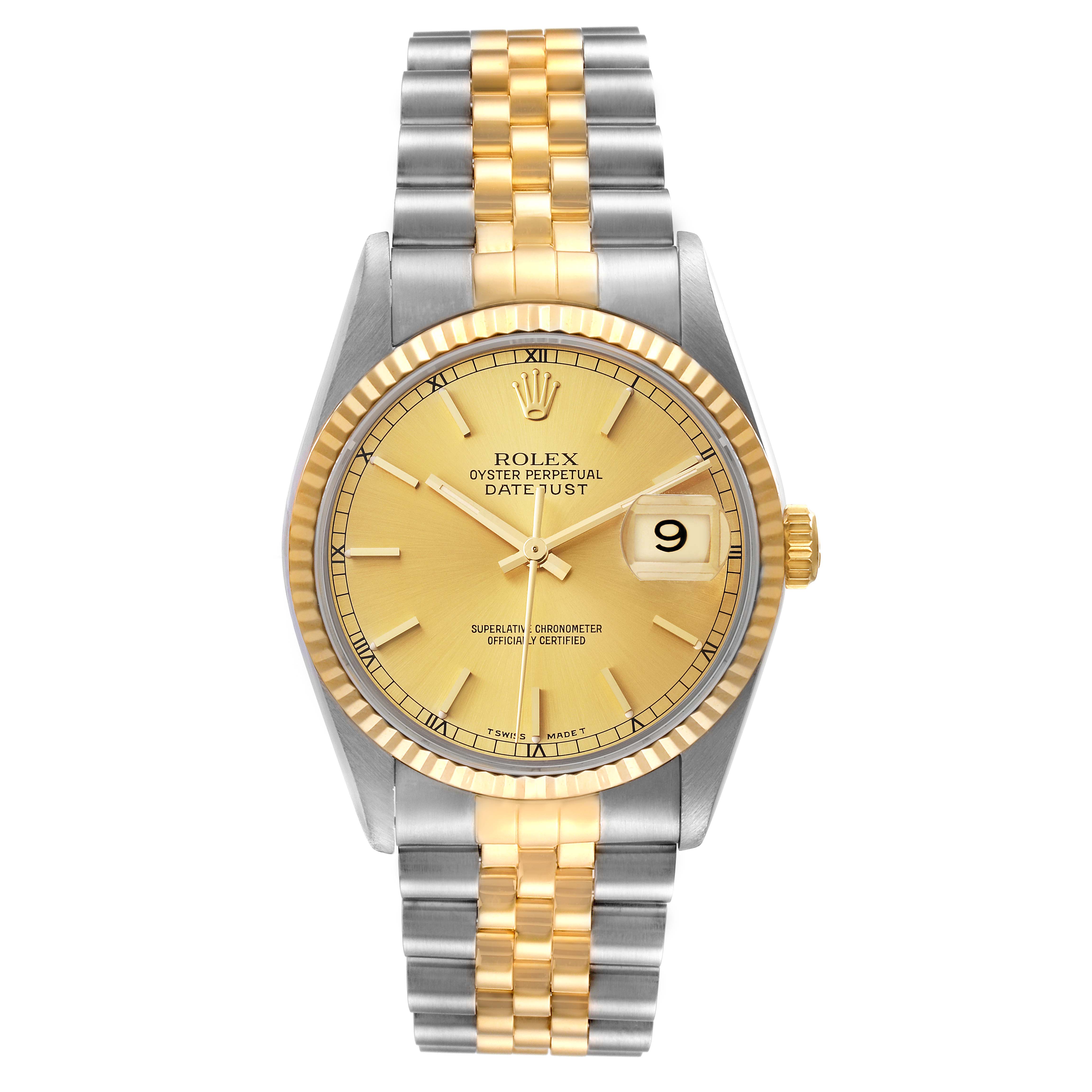 The image shows a front view of a Rolex Datejust 16233 Men's Steel and Gold (two tone) Champagne Dial 16233 Men's Steel and Gold (two tone) Champagne Dial watch, highlighting its gold face, fluted bezel, and two-tone bracelet.