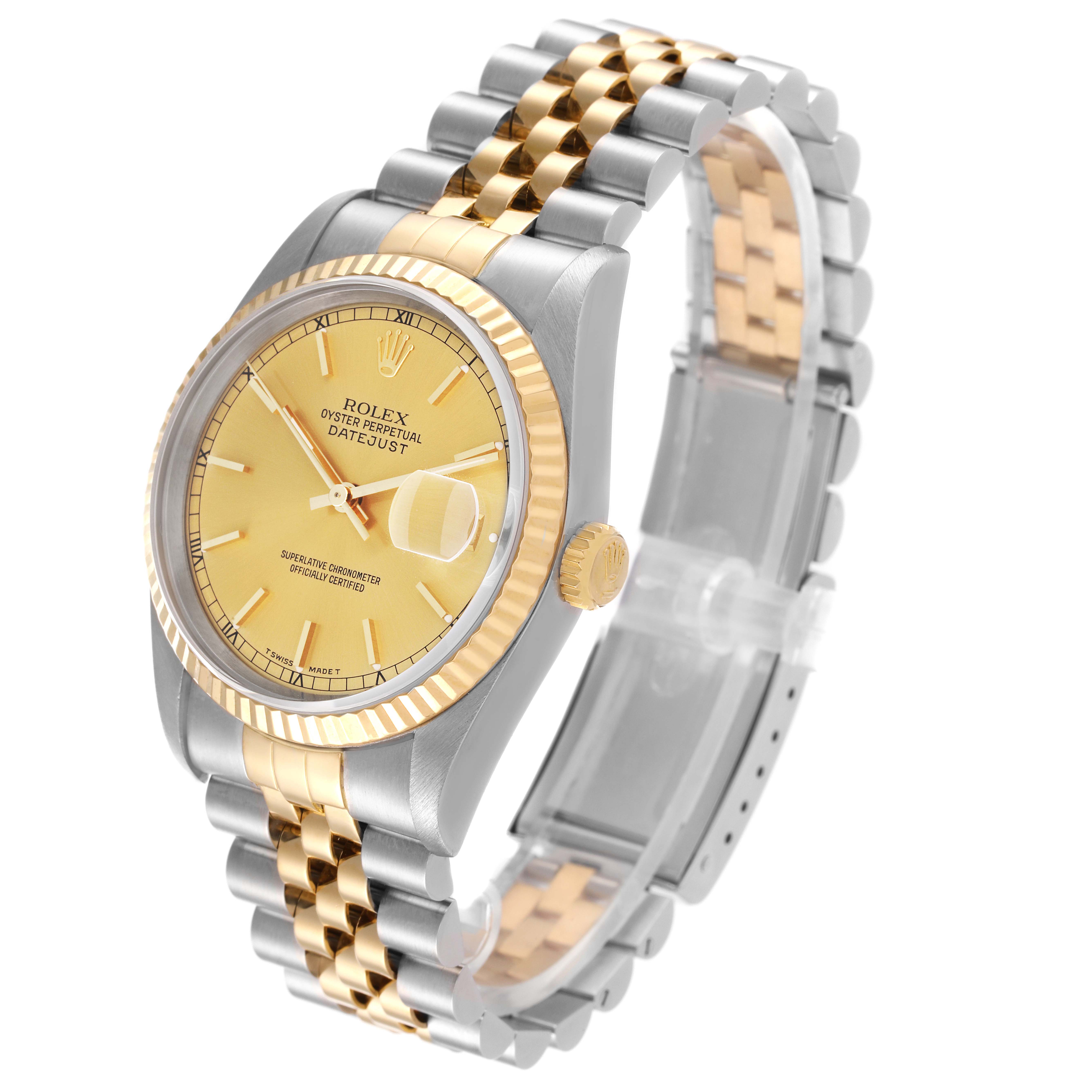 The image shows a Rolex Datejust 16233 Men's Steel and Gold (two tone) Champagne Dial 16233 Men's Steel and Gold (two tone) Champagne Dial watch angled from the front-left, displaying its gold face, bezel, crown, and two-tone bracelet.