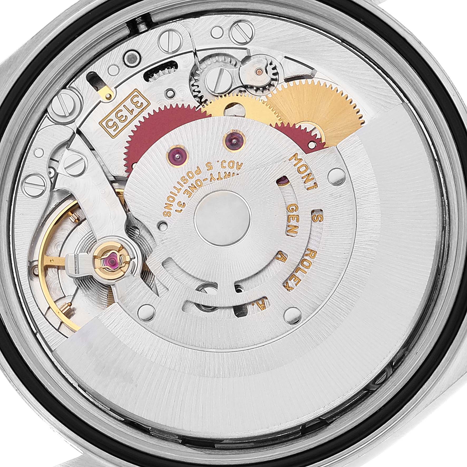 This image shows the internal mechanism of a Rolex Datejust 16233 Men's Steel and Gold (two tone) Champagne Dial 16233 Men's Steel and Gold (two tone) Champagne Dial watch, viewed from the back, highlighting gears and the rotor.
