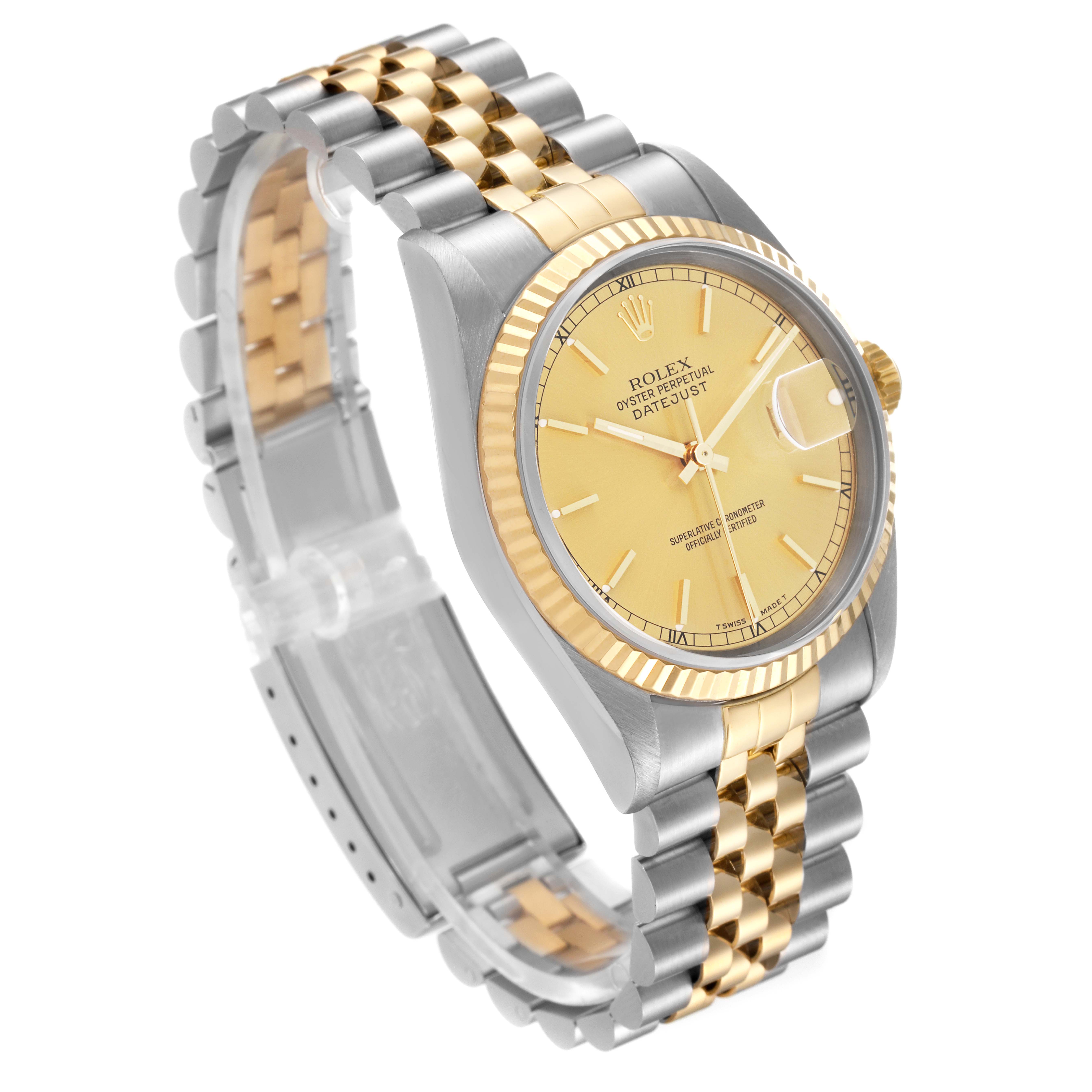 The image shows a side angle of a Rolex Datejust 16233 Men's Steel and Gold (two tone) Champagne Dial 16233 Men's Steel and Gold (two tone) Champagne Dial watch, highlighting its two-tone bracelet, gold bezel, and champagne dial.