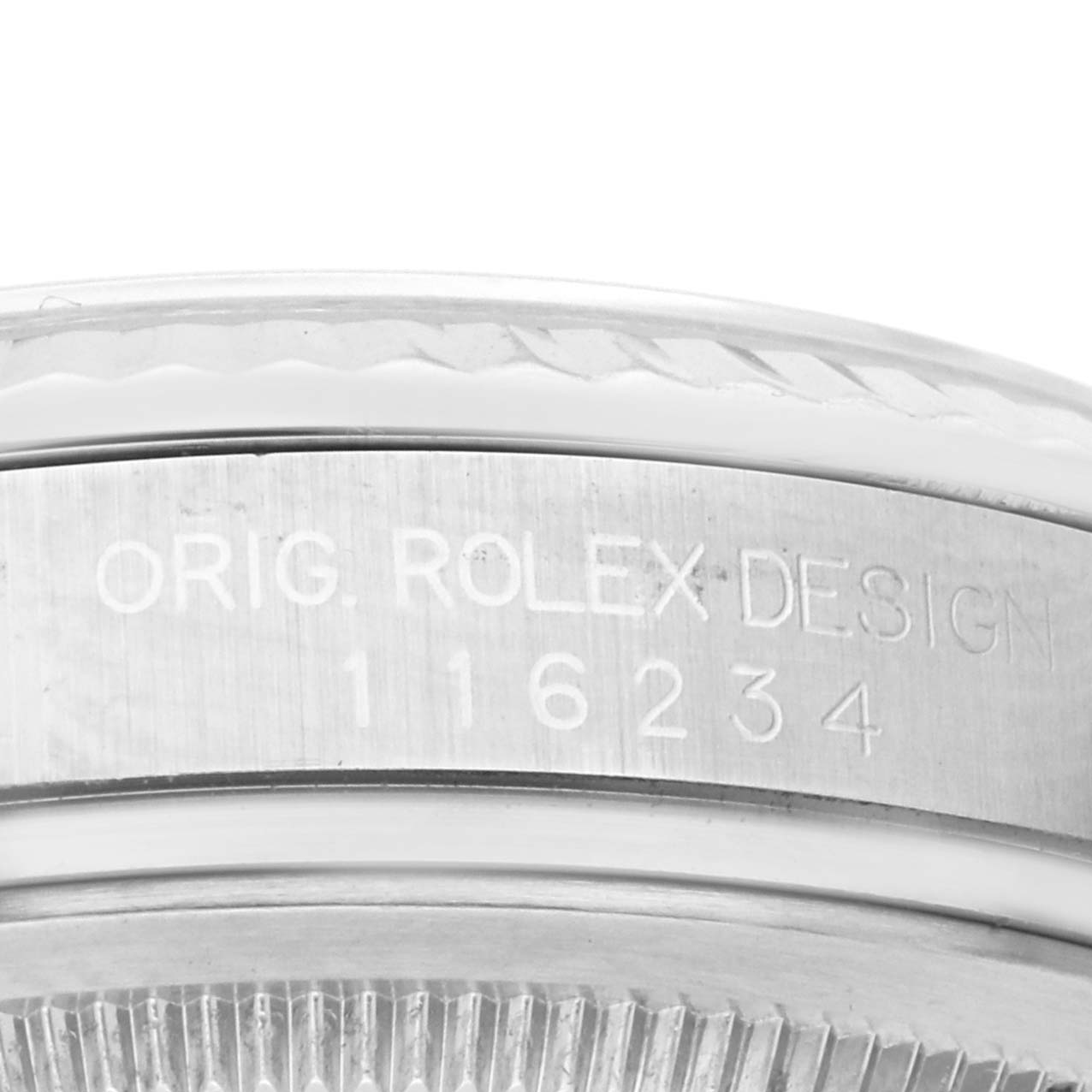 The close-up image shows the side of a Rolex Datejust 116234 Men
s Stainless Steel Black Dial 116234 Men
s Stainless Steel Black Dial, highlighting the engraved design and model number.