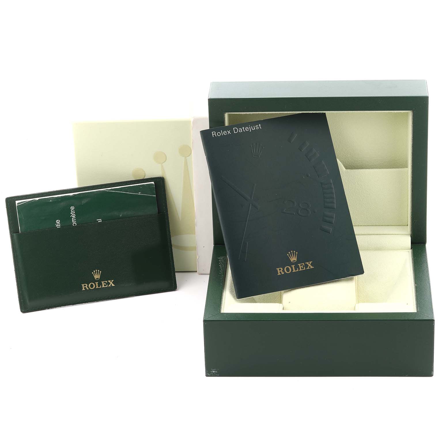 This image shows the Rolex Datejust 116234 Men
s Stainless Steel Black Dial 116234 Men
s Stainless Steel Black Dial packaging, including the box, booklet, and card holder, from a frontal angle.
