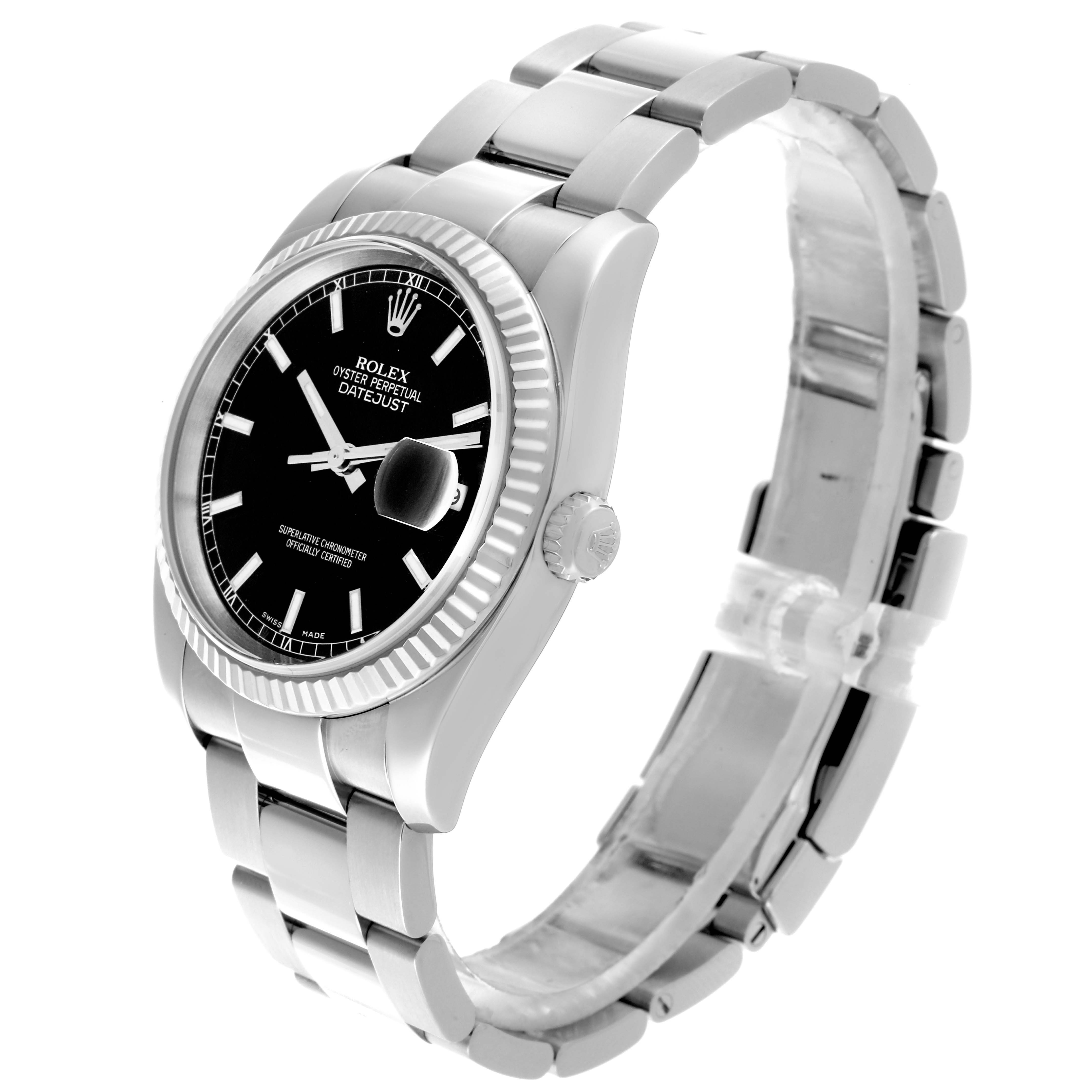 The Rolex Datejust 116234 Men
s Stainless Steel Black Dial 116234 Men
s Stainless Steel Black Dial watch is shown at a side angle, displaying the bracelet, bezel, and crown.