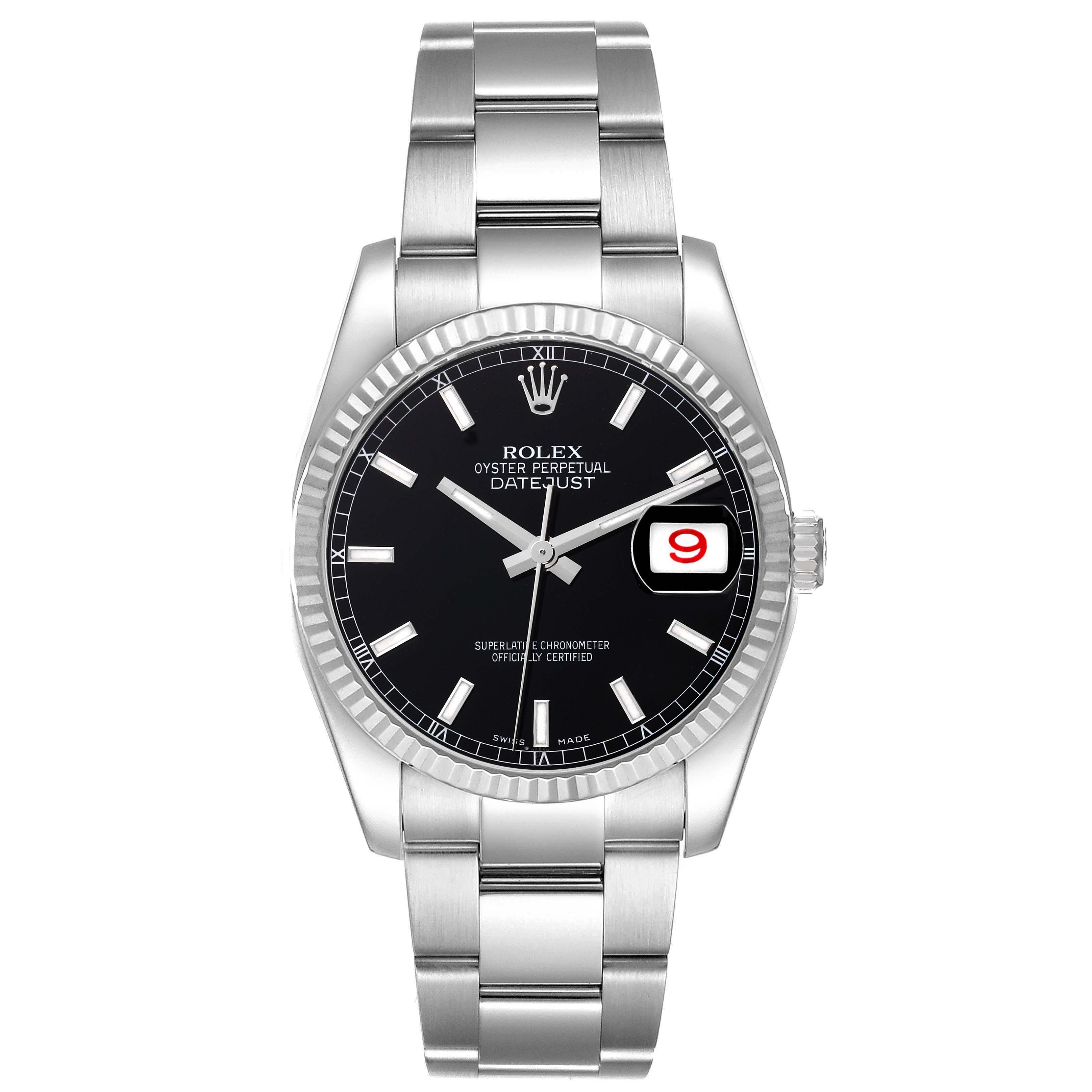 The image shows a front-facing view of the Rolex Datejust 116234 Men
s Stainless Steel Black Dial 116234 Men
s Stainless Steel Black Dial, featuring the dial, bezel, bracelet, and date window.