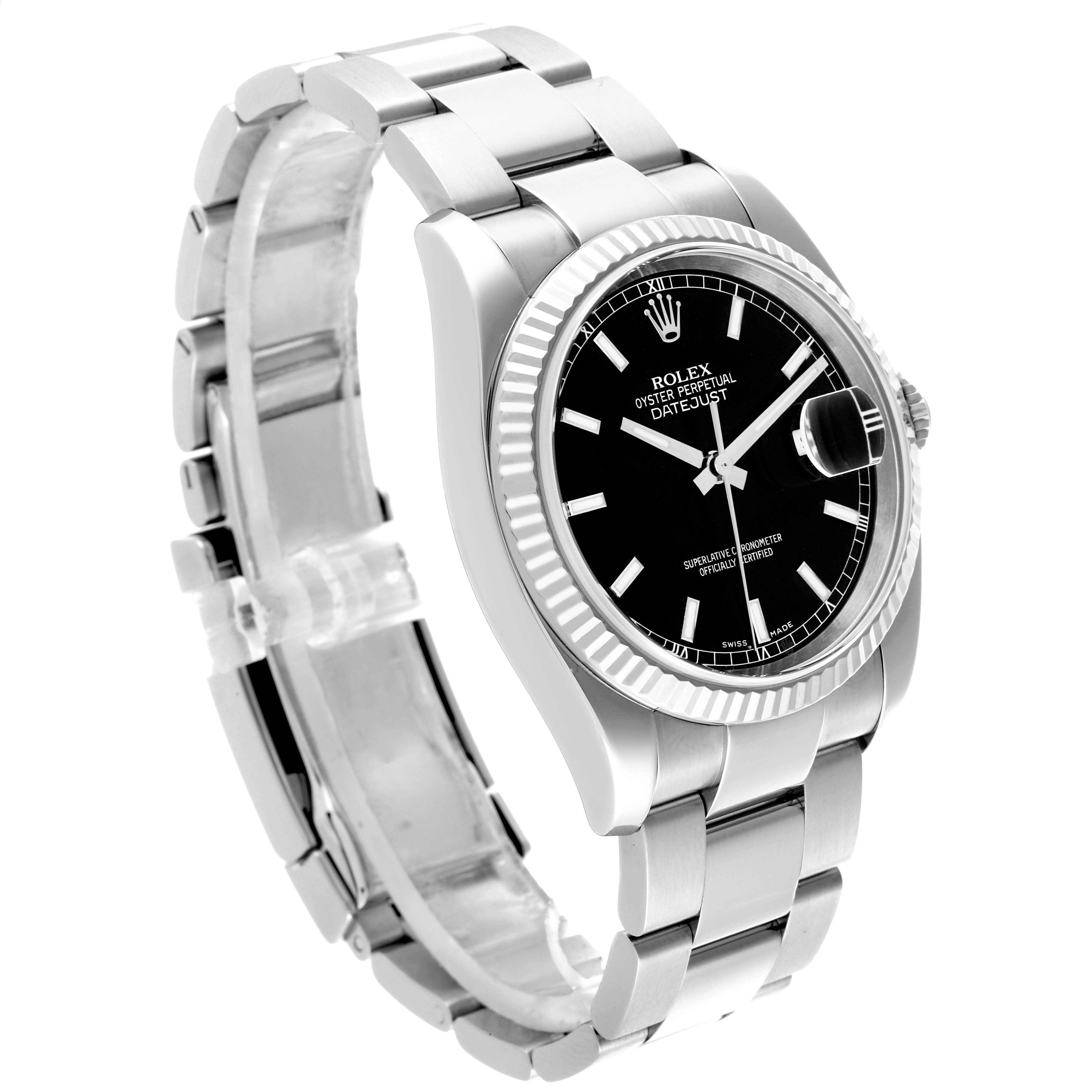 The Rolex Datejust 116234 Men
s Stainless Steel Black Dial 116234 Men
s Stainless Steel Black Dial watch is shown at a three-quarter angle, displaying the face, bezel, crown, and bracelet.