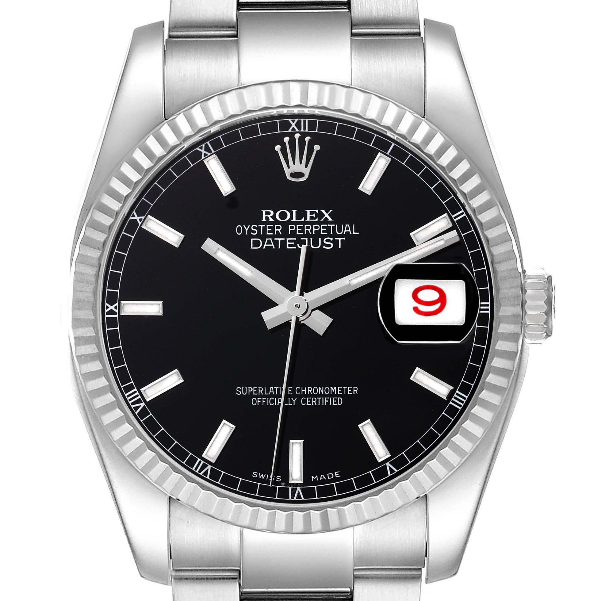 The Rolex Datejust 116234 Men
s Stainless Steel Black Dial 116234 Men
s Stainless Steel Black Dial watch is shown from the front, depicting the face, bezel, crown, and part of the bracelet.