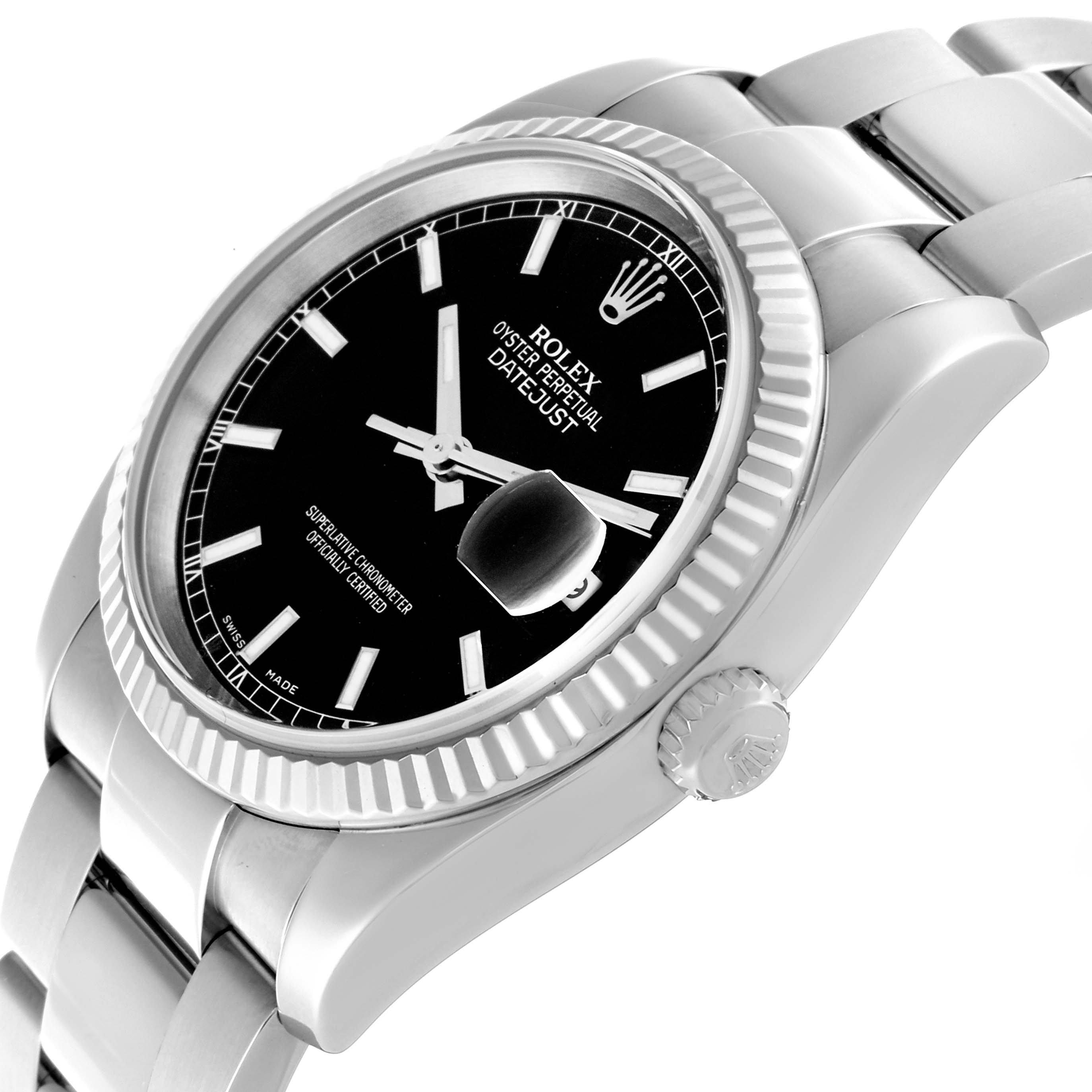 The Rolex Datejust 116234 Men
s Stainless Steel Black Dial 116234 Men
s Stainless Steel Black Dial watch is shown at a side angle, highlighting its black dial, fluted bezel, and partially visible crown.