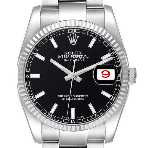 The Rolex Datejust watch is shown from the front, highlighting the dial, bezel, and bracelet.