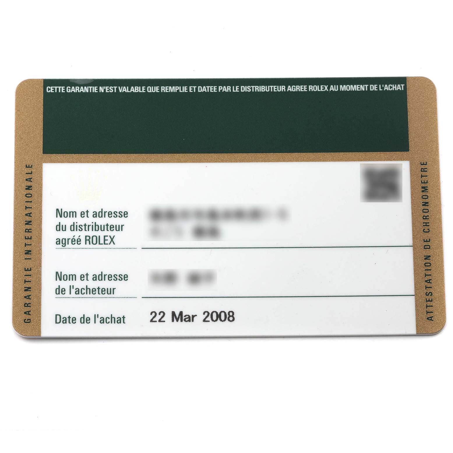 This is a warranty card for the Rolex Datejust 179174 Women's Stainless Steel Mother of Pearl Dial 179174 Women's Stainless Steel Mother of Pearl Dial model, showing details of the distributor, buyer, and purchase date.