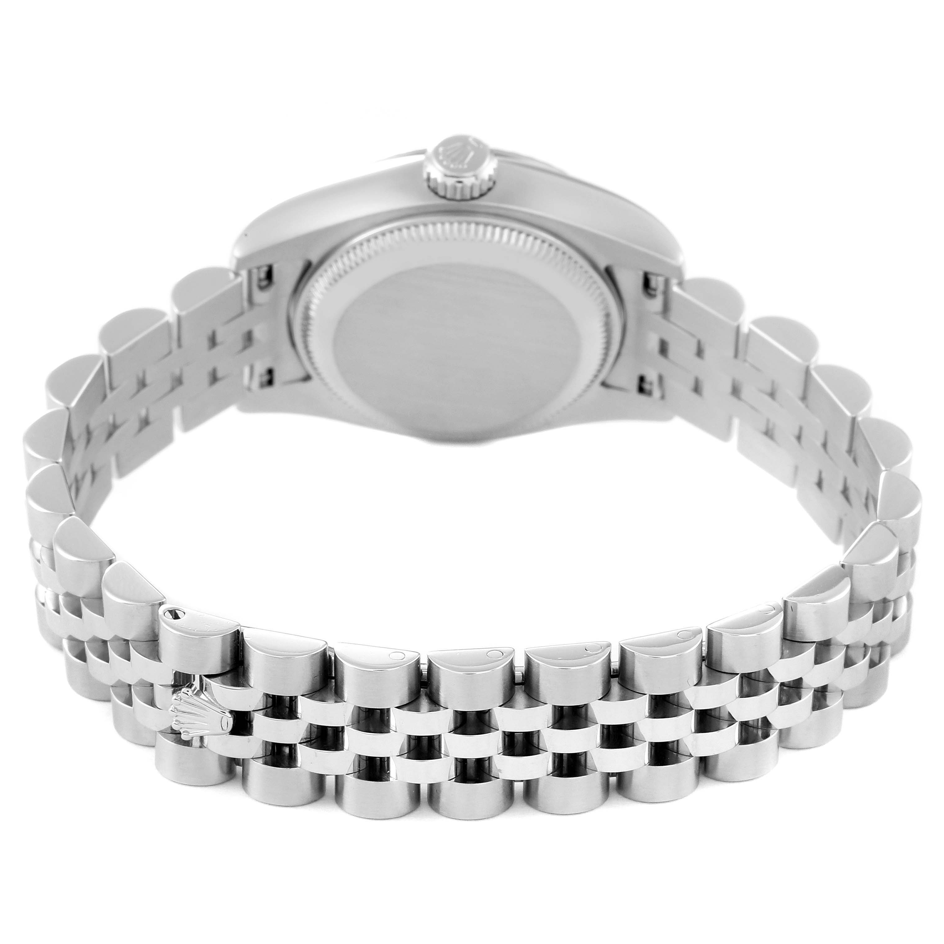 The image shows the backside and bracelet of a Rolex Datejust 179174 Women's Stainless Steel Mother of Pearl Dial 179174 Women's Stainless Steel Mother of Pearl Dial watch, highlighting the clasp and case back.