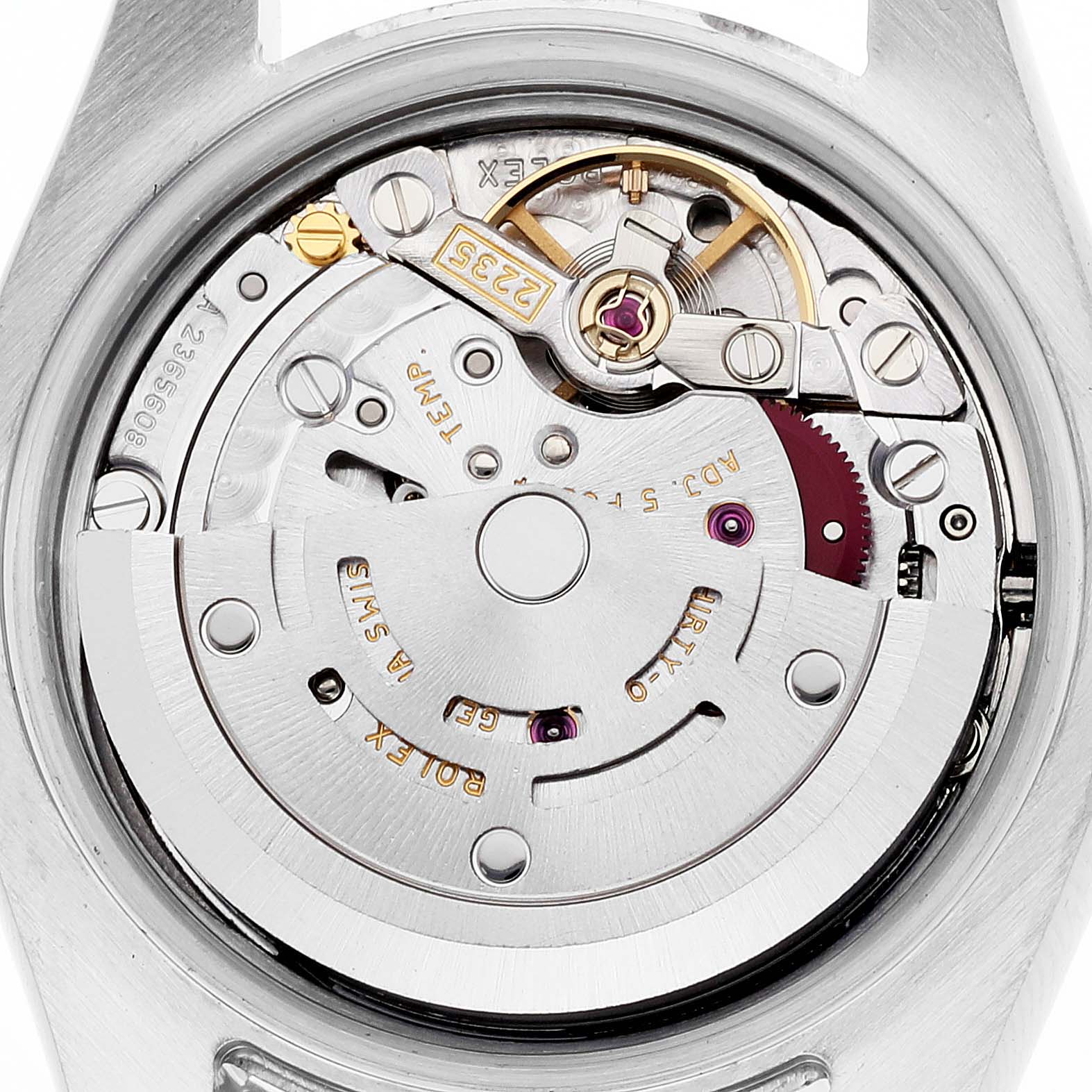 This image shows an internal view of the Rolex Datejust 179174 Women's Stainless Steel Mother of Pearl Dial 179174 Women's Stainless Steel Mother of Pearl Dial watch, focusing on its movement and mechanism parts.