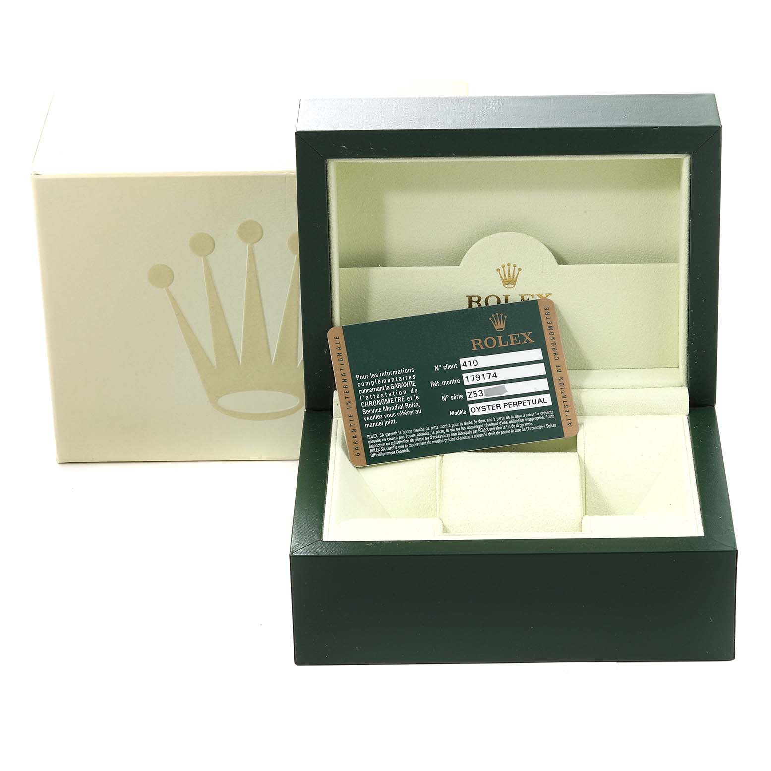 The image shows a Rolex Datejust 179174 Women's Stainless Steel Mother of Pearl Dial 179174 Women's Stainless Steel Mother of Pearl Dial watch box and guarantee card from a front angle.