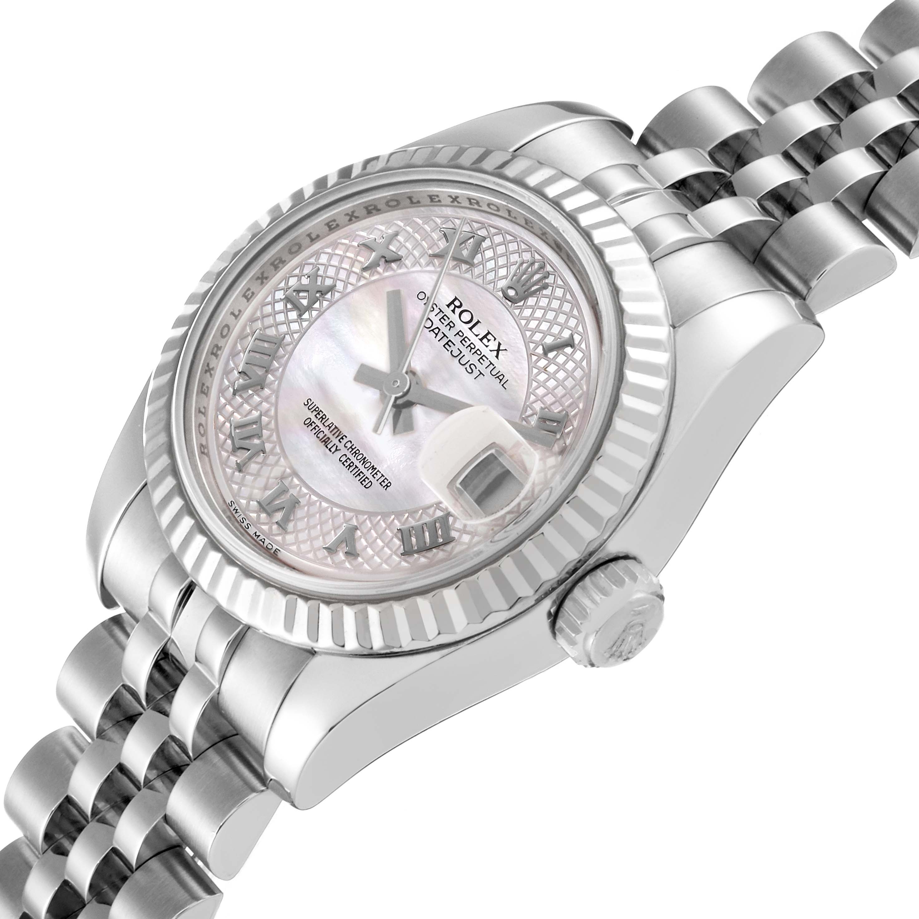 The image shows a Rolex Datejust 179174 Women's Stainless Steel Mother of Pearl Dial 179174 Women's Stainless Steel Mother of Pearl Dial watch at an angle highlighting its dial, bezel, and bracelet.