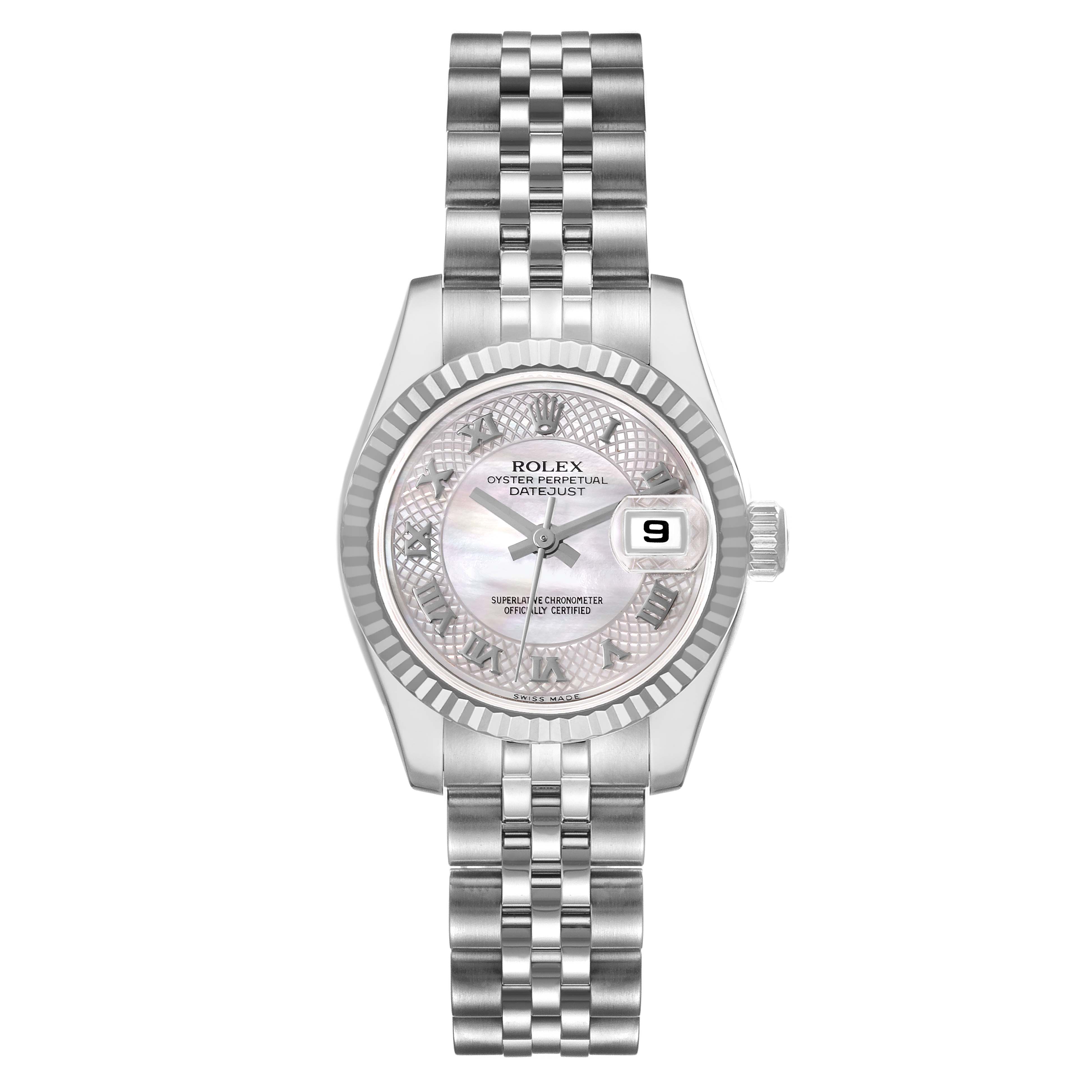 The image shows a Rolex Datejust 179174 Women's Stainless Steel Mother of Pearl Dial 179174 Women's Stainless Steel Mother of Pearl Dial watch from a straight-on angle, highlighting its dial, bezel, and bracelet.
