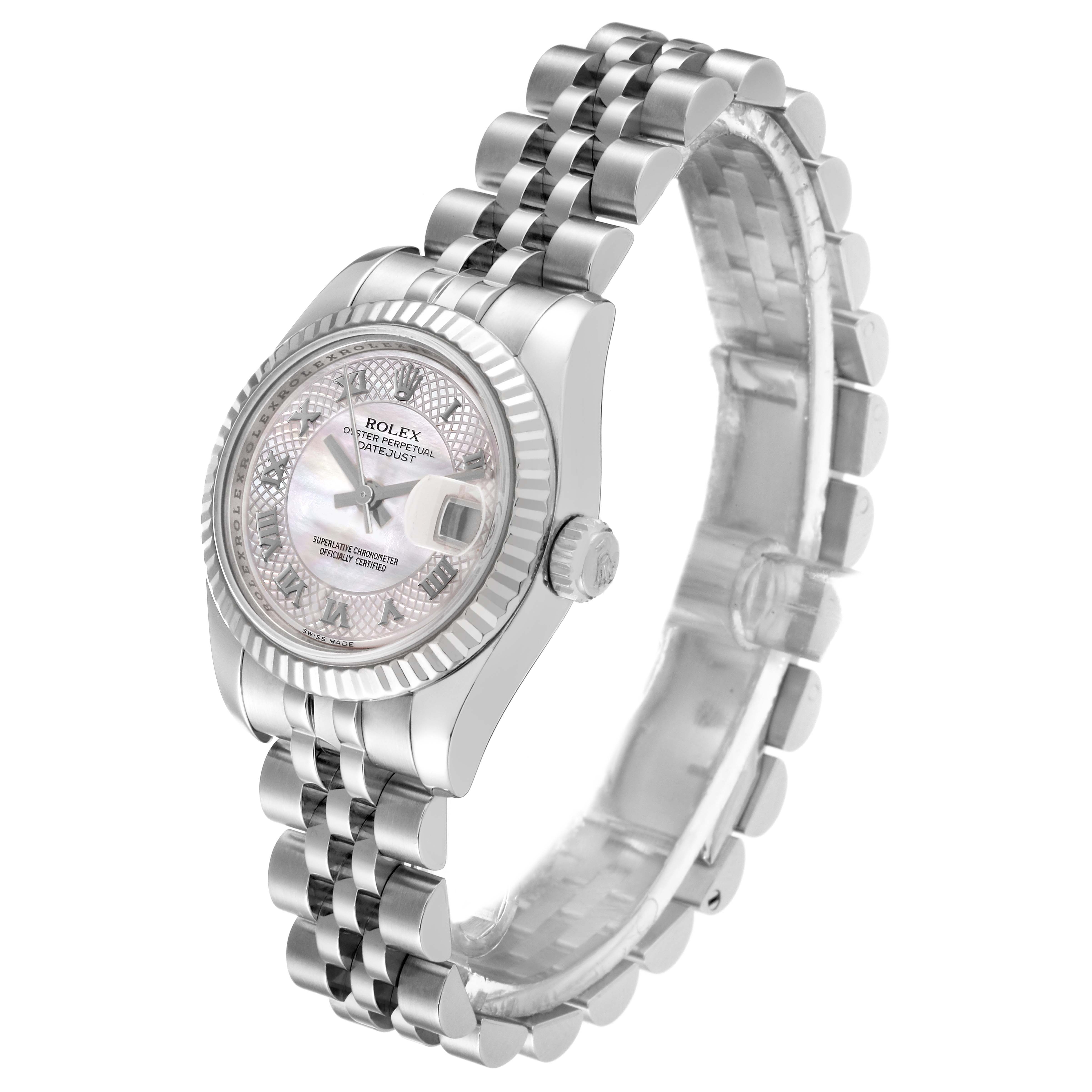 This Rolex Datejust 179174 Women's Stainless Steel Mother of Pearl Dial 179174 Women's Stainless Steel Mother of Pearl Dial watch is shown at a three-quarter angle, highlighting the face, crown, and bracelet.