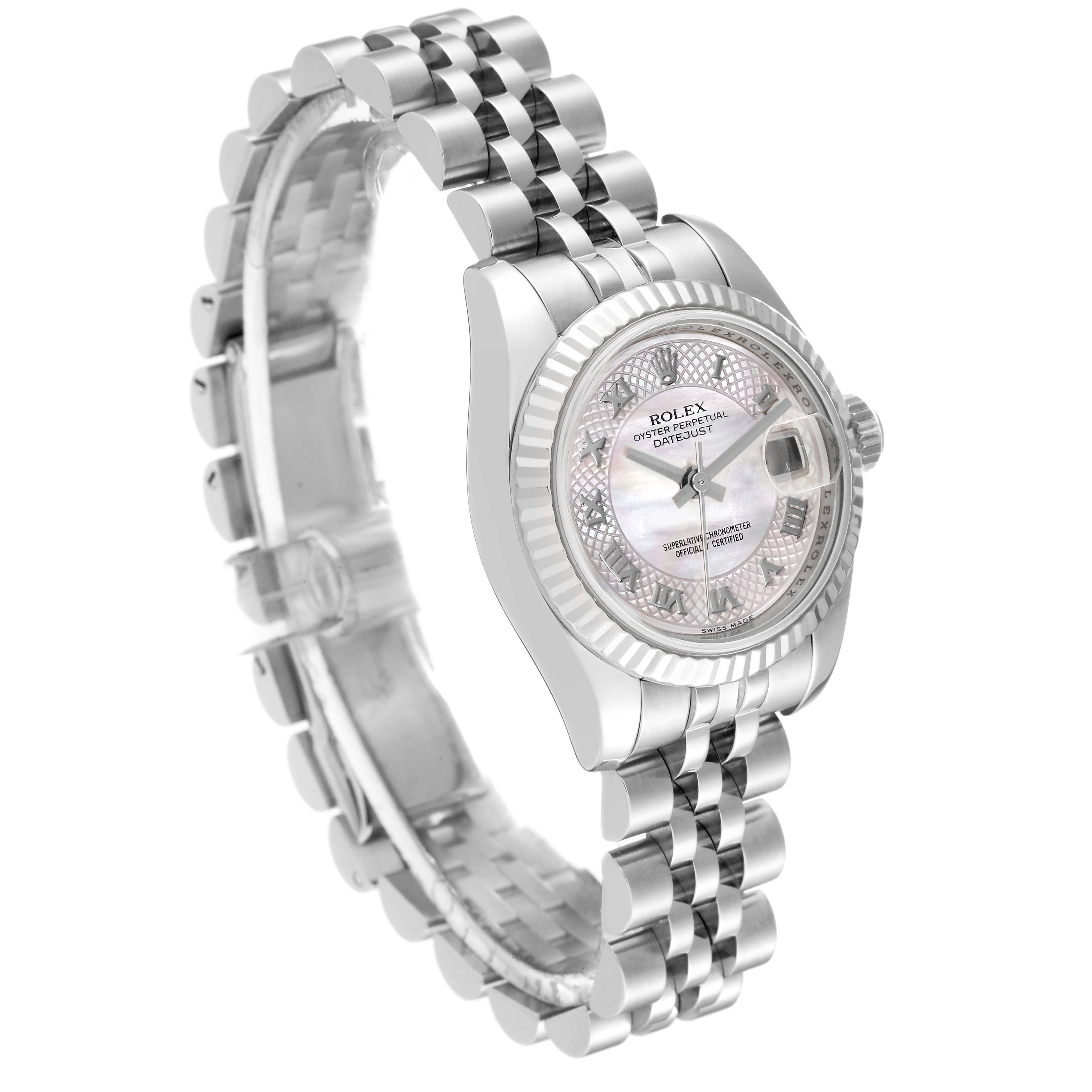 The image shows a Rolex Datejust 179174 Women's Stainless Steel Mother of Pearl Dial 179174 Women's Stainless Steel Mother of Pearl Dial watch angled to display the dial face, bezel, and part of the bracelet.