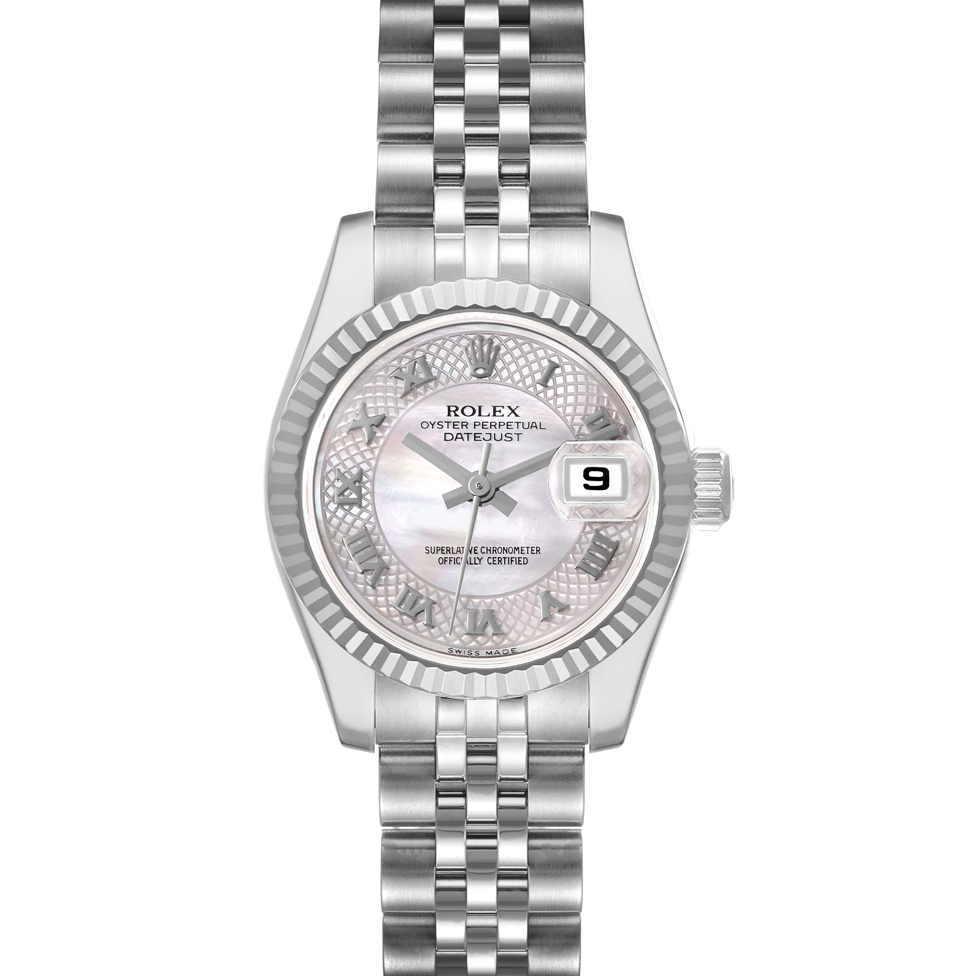 This is a front view of the Rolex Datejust 179174 Women's Stainless Steel Mother of Pearl Dial 179174 Women's Stainless Steel Mother of Pearl Dial watch showing the dial, bezel, crown, and bracelet.