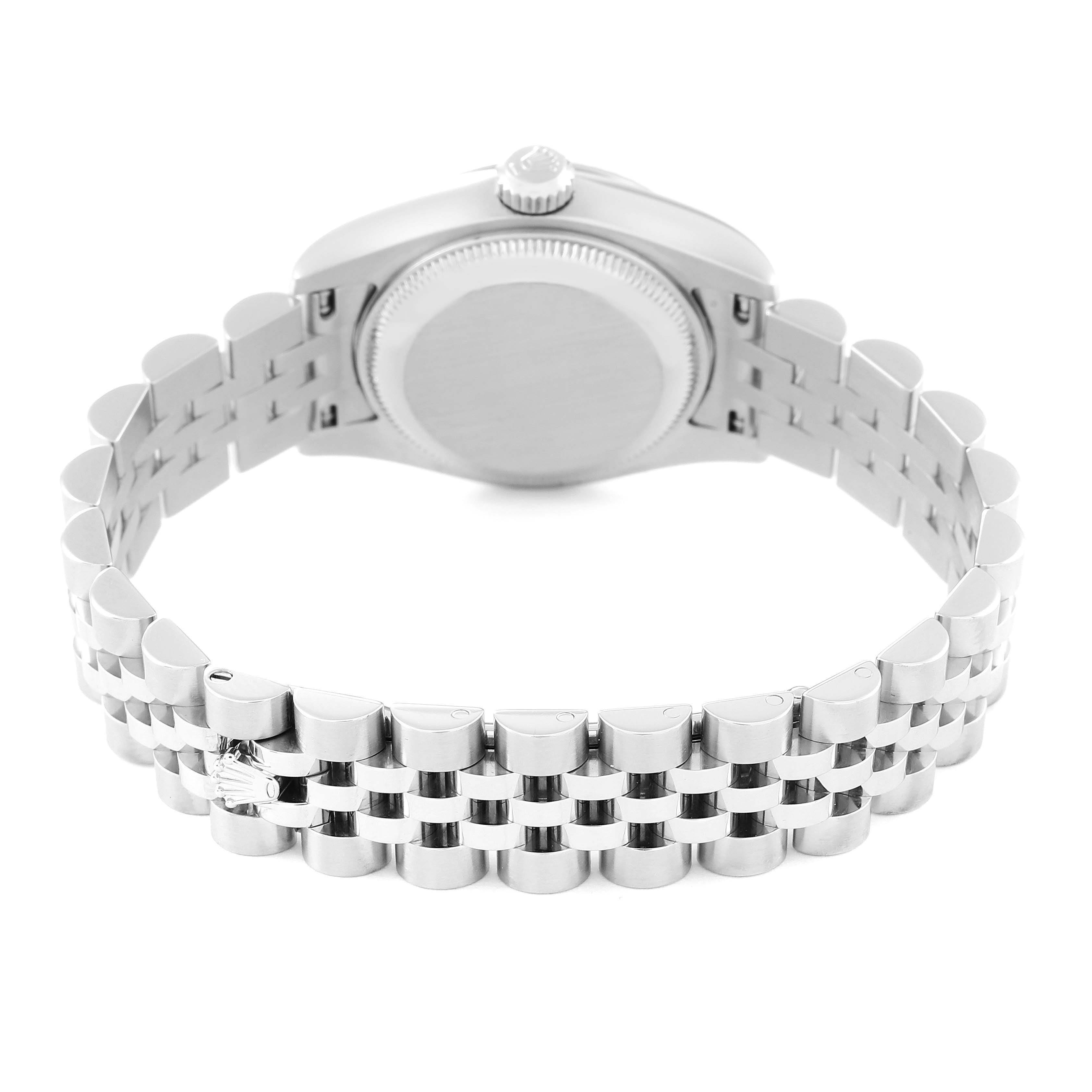 This image shows the back view of a Rolex Datejust 179174 Women's Stainless Steel Silver Dial 179174 Women's Stainless Steel Silver Dial watch, focusing on the case and Jubilee bracelet.