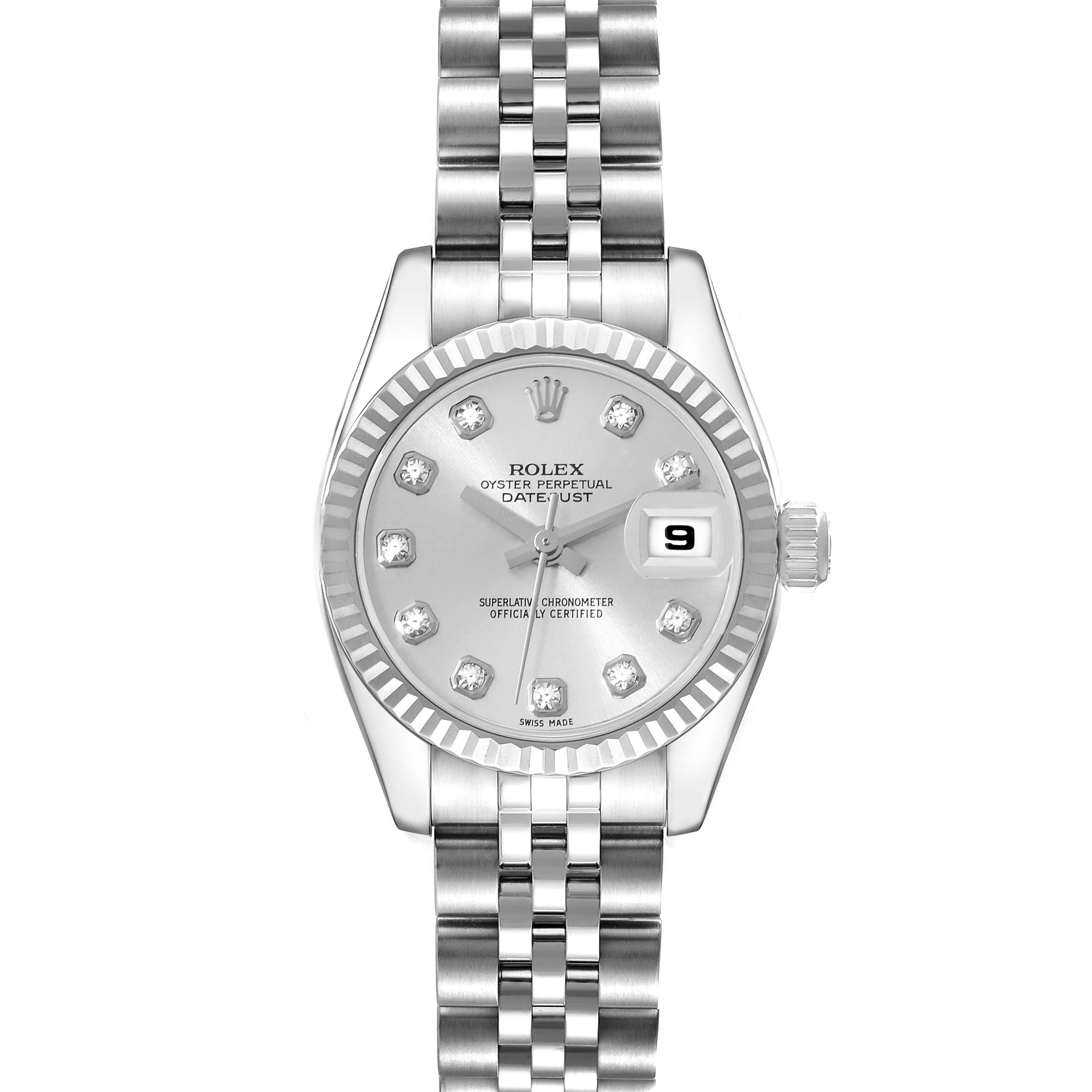 The image shows a front view of the Rolex Datejust 179174 Women's Stainless Steel Silver Dial 179174 Women's Stainless Steel Silver Dial watch, highlighting its dial, bracelet, and date display.