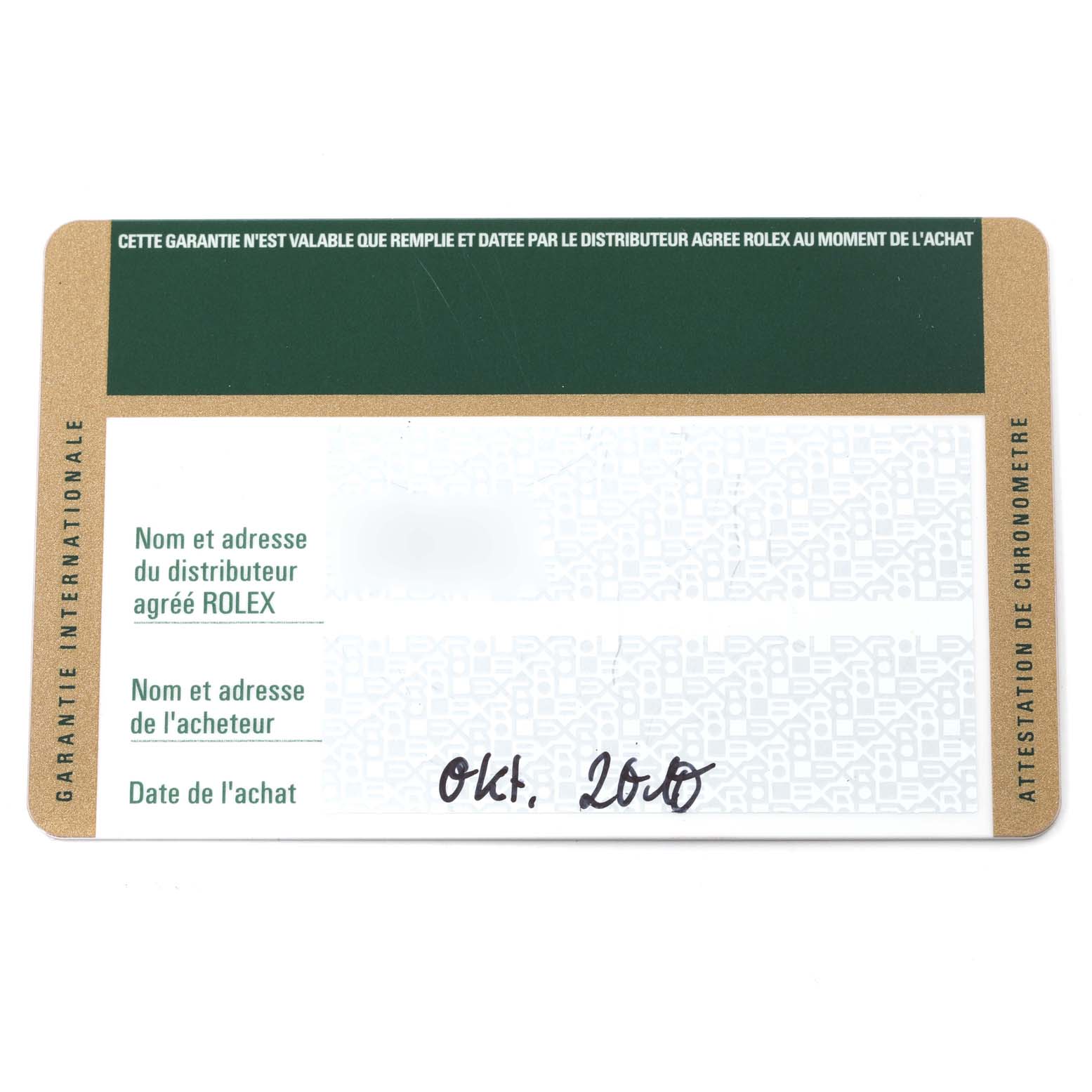 This image shows the international guarantee card for a Rolex Datejust 179174 Women's Stainless Steel Silver Dial 179174 Women's Stainless Steel Silver Dial watch.