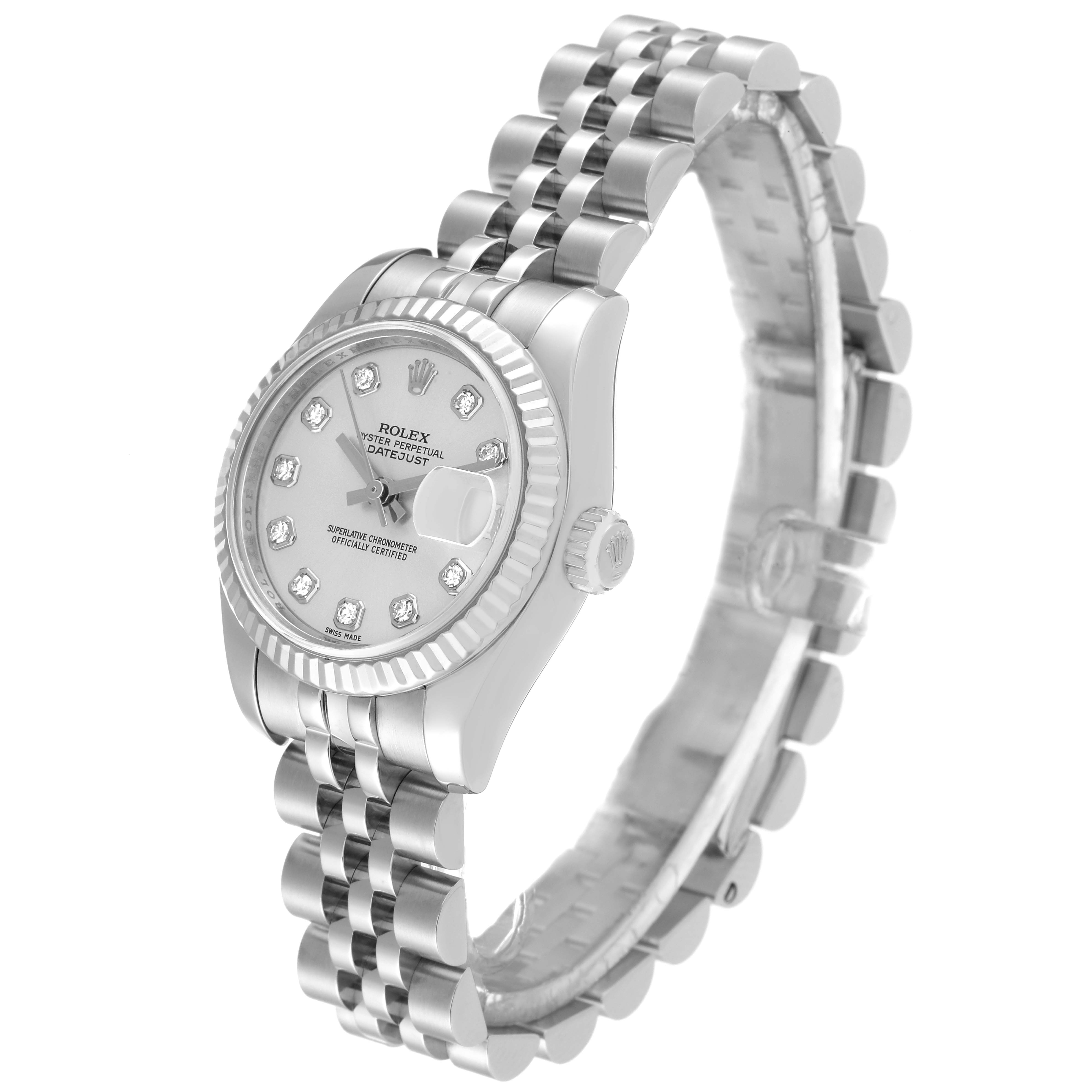 The image shows a Rolex Datejust 179174 Women's Stainless Steel Silver Dial 179174 Women's Stainless Steel Silver Dial watch at a slight angle, highlighting the face, bezel, crown, and bracelet.