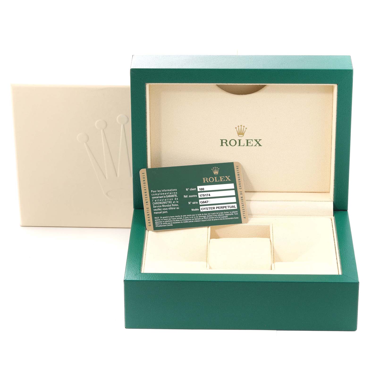 The image shows an open Rolex Datejust 179174 Women's Stainless Steel Silver Dial 179174 Women's Stainless Steel Silver Dial watch box with a warranty card inside.