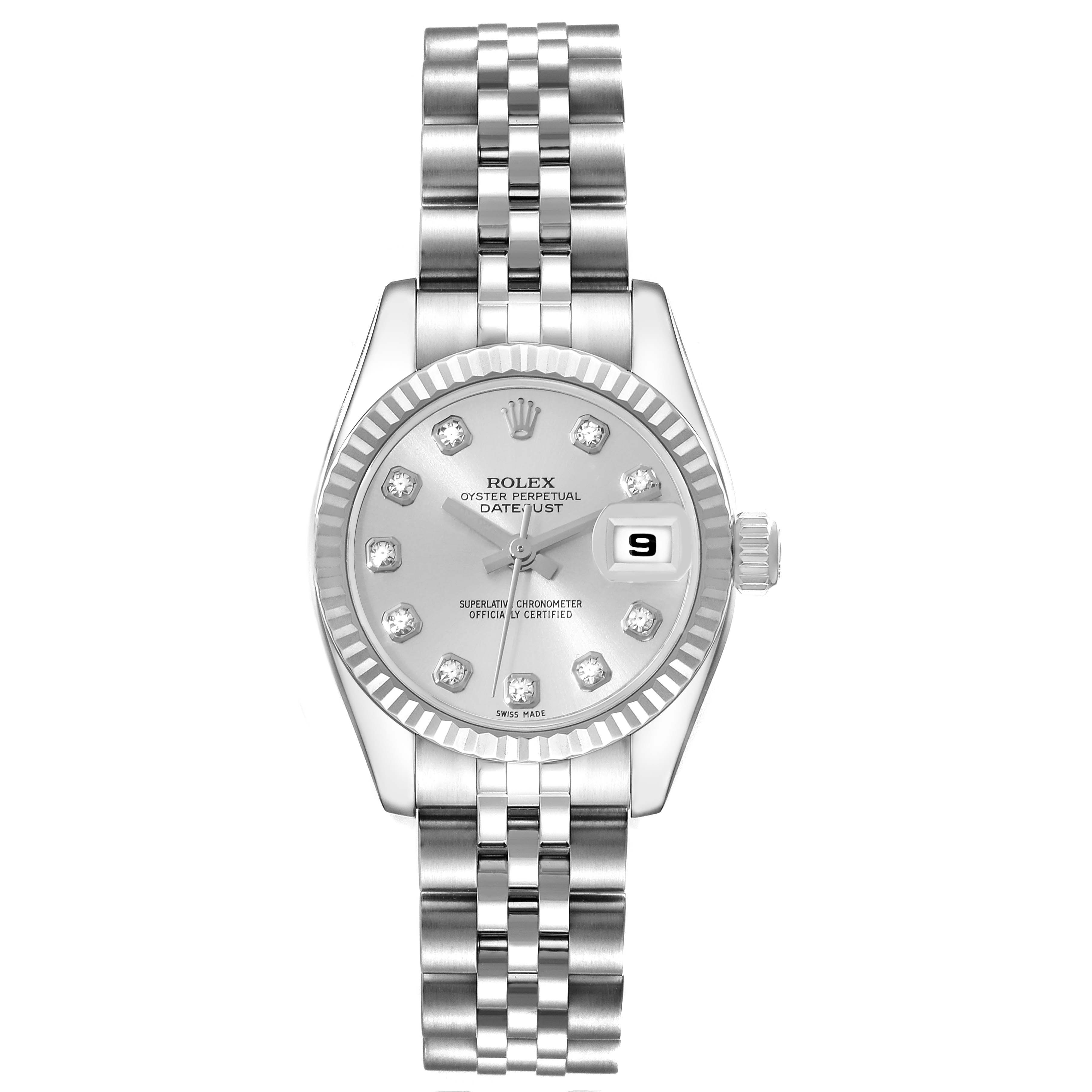 This image shows a Rolex Datejust 179174 Women's Stainless Steel Silver Dial 179174 Women's Stainless Steel Silver Dial watch from a front angle, displaying the bezel, dial, hands, date window, and bracelet.