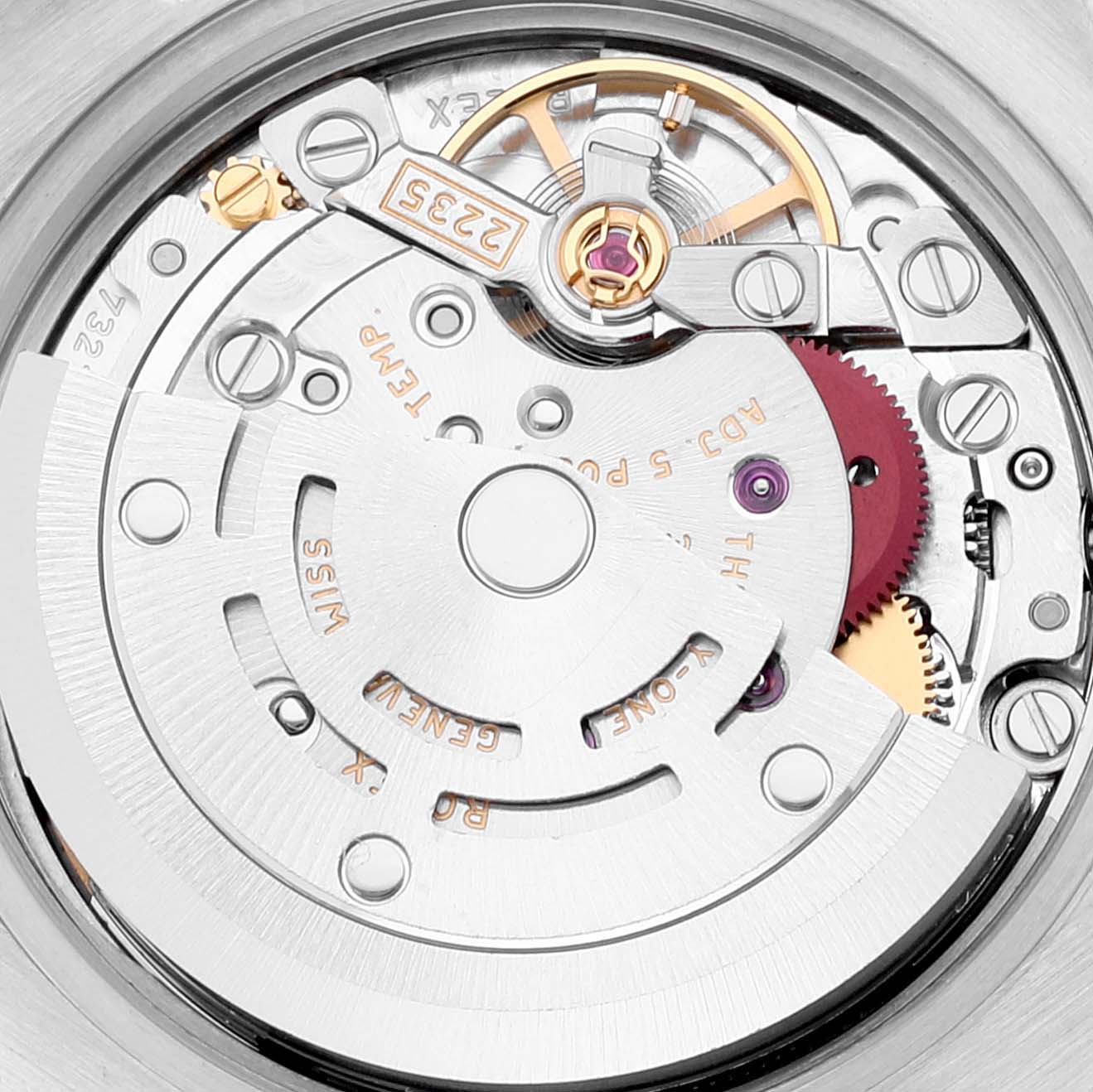 This image shows the intricate internal mechanism and movement of a Rolex Datejust 179174 Women's Stainless Steel Mother of Pearl Dial 179174 Women's Stainless Steel Mother of Pearl Dial watch viewed from the back.