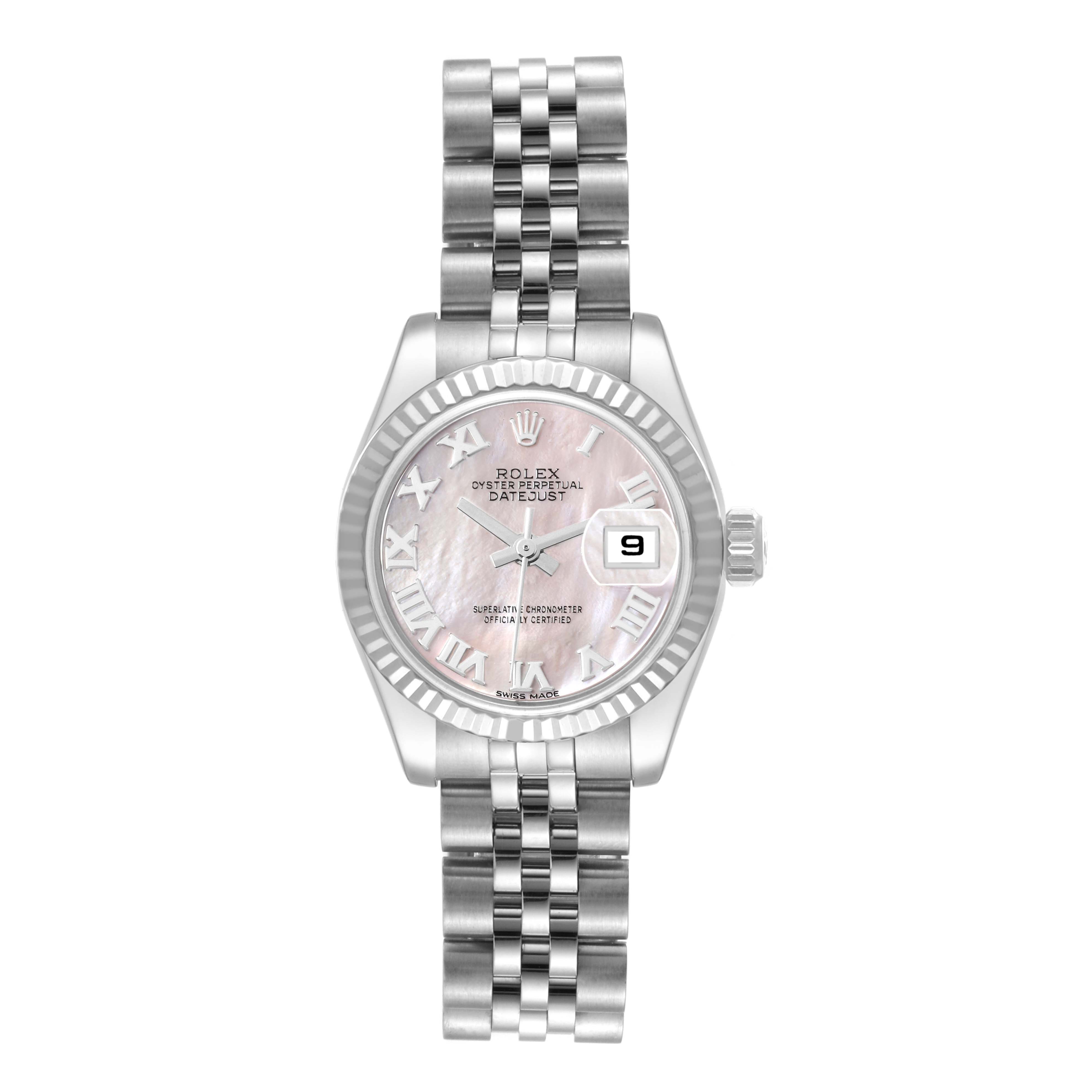 The Rolex Datejust 179174 Women's Stainless Steel Mother of Pearl Dial 179174 Women's Stainless Steel Mother of Pearl Dial watch is shown from the front, displaying its bracelet, dial, hands, and date display.