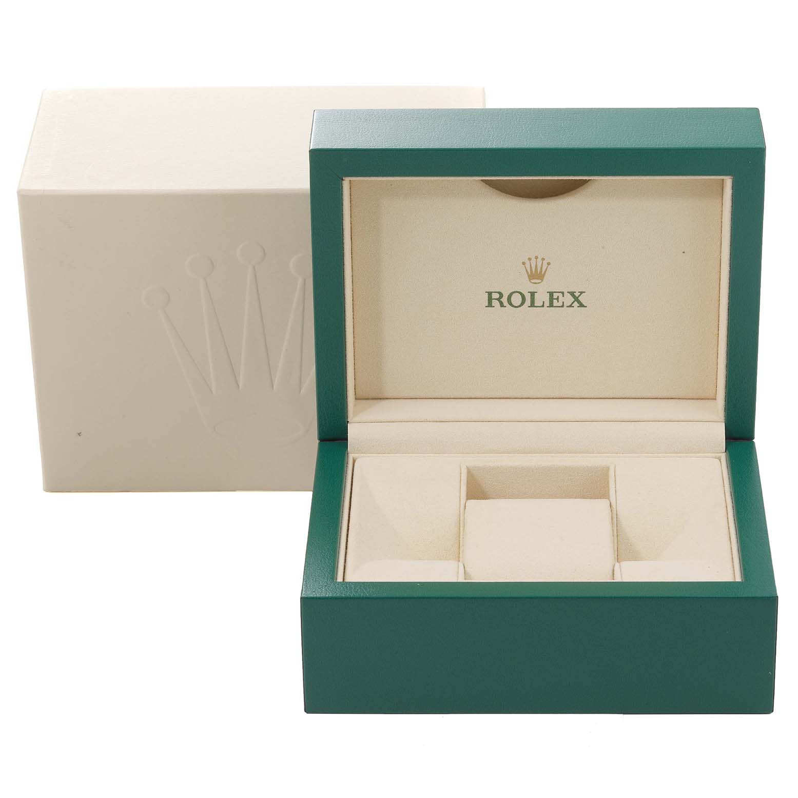 The image shows an open green and beige Rolex Datejust 179174 Women's Stainless Steel Mother of Pearl Dial 179174 Women's Stainless Steel Mother of Pearl Dial watch box with an outer white box featuring the Rolex crown logo.