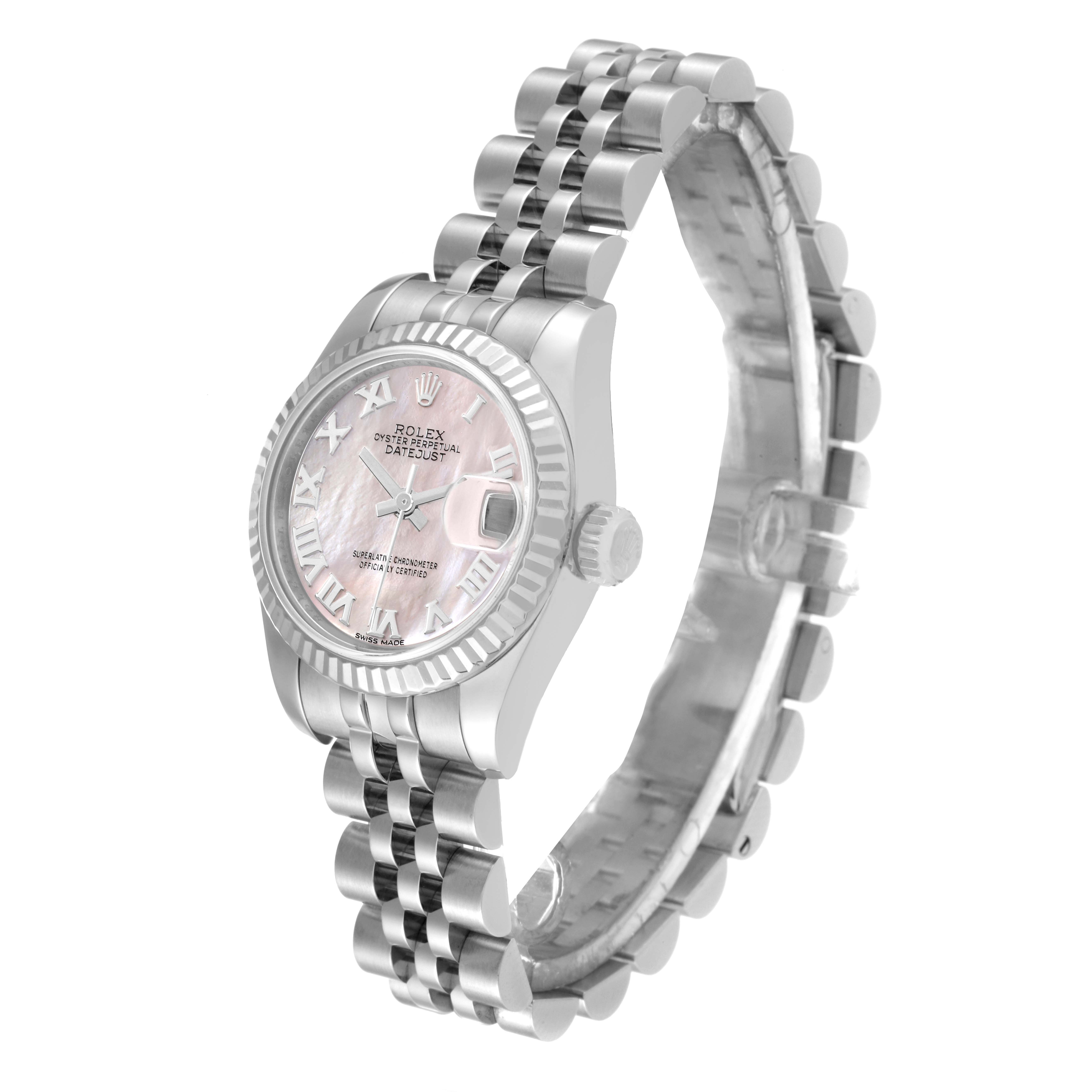 This Rolex Datejust 179174 Women's Stainless Steel Mother of Pearl Dial 179174 Women's Stainless Steel Mother of Pearl Dial watch is shown at an angled side view, displaying its dial, bezel, and jubilee bracelet.