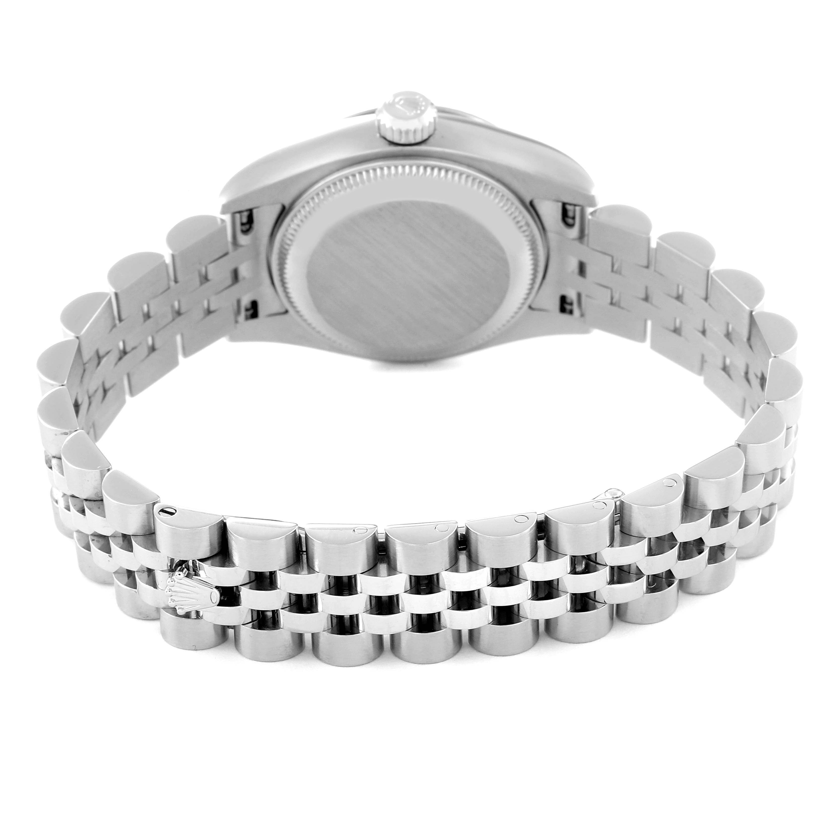 The image shows the back case and band of a Rolex Datejust 179174 Women's Stainless Steel Mother of Pearl Dial 179174 Women's Stainless Steel Mother of Pearl Dial watch from a rear angle.