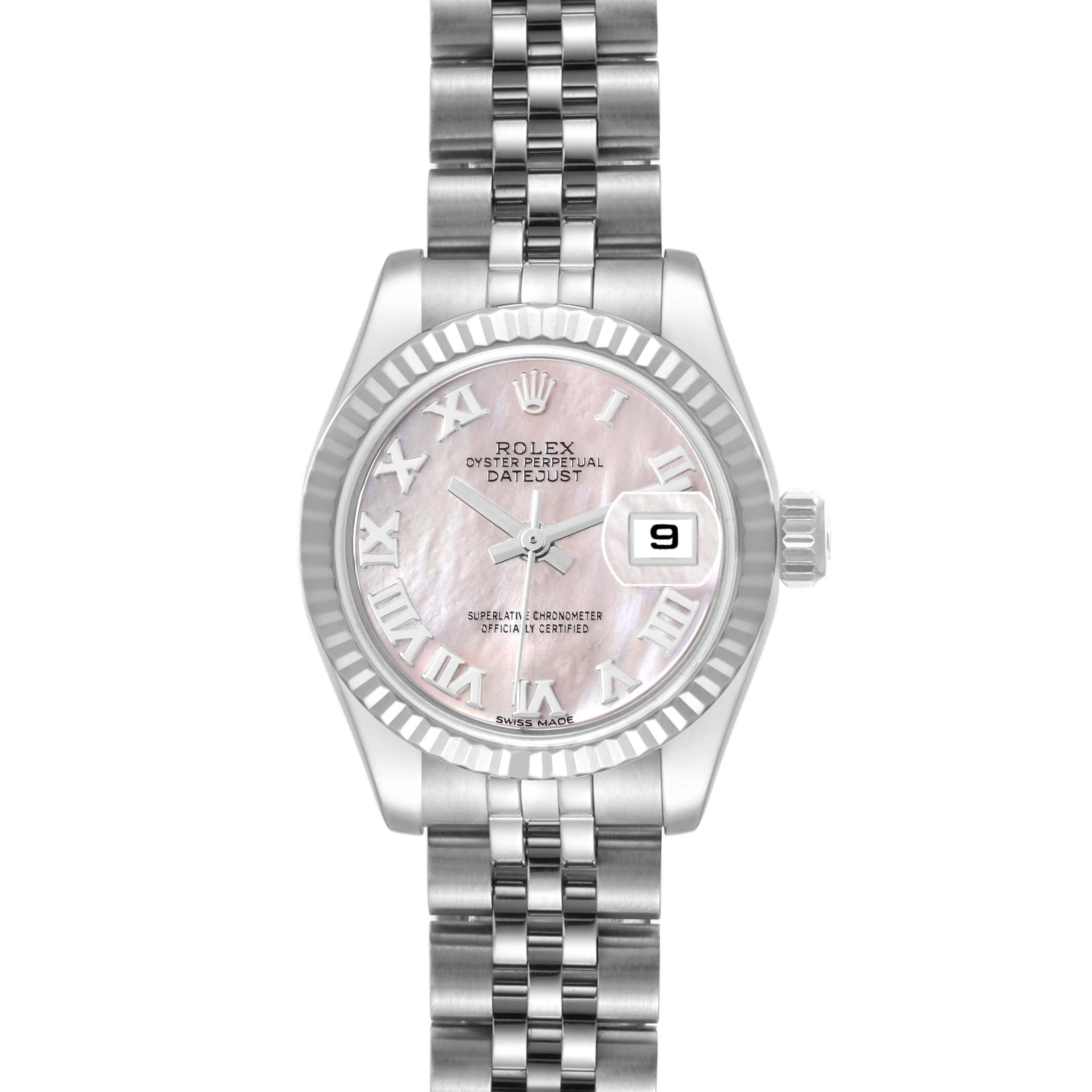This image shows a front view of a Rolex Datejust 179174 Women's Stainless Steel Mother of Pearl Dial 179174 Women's Stainless Steel Mother of Pearl Dial watch, highlighting its dial, bezel, crown, and bracelet.