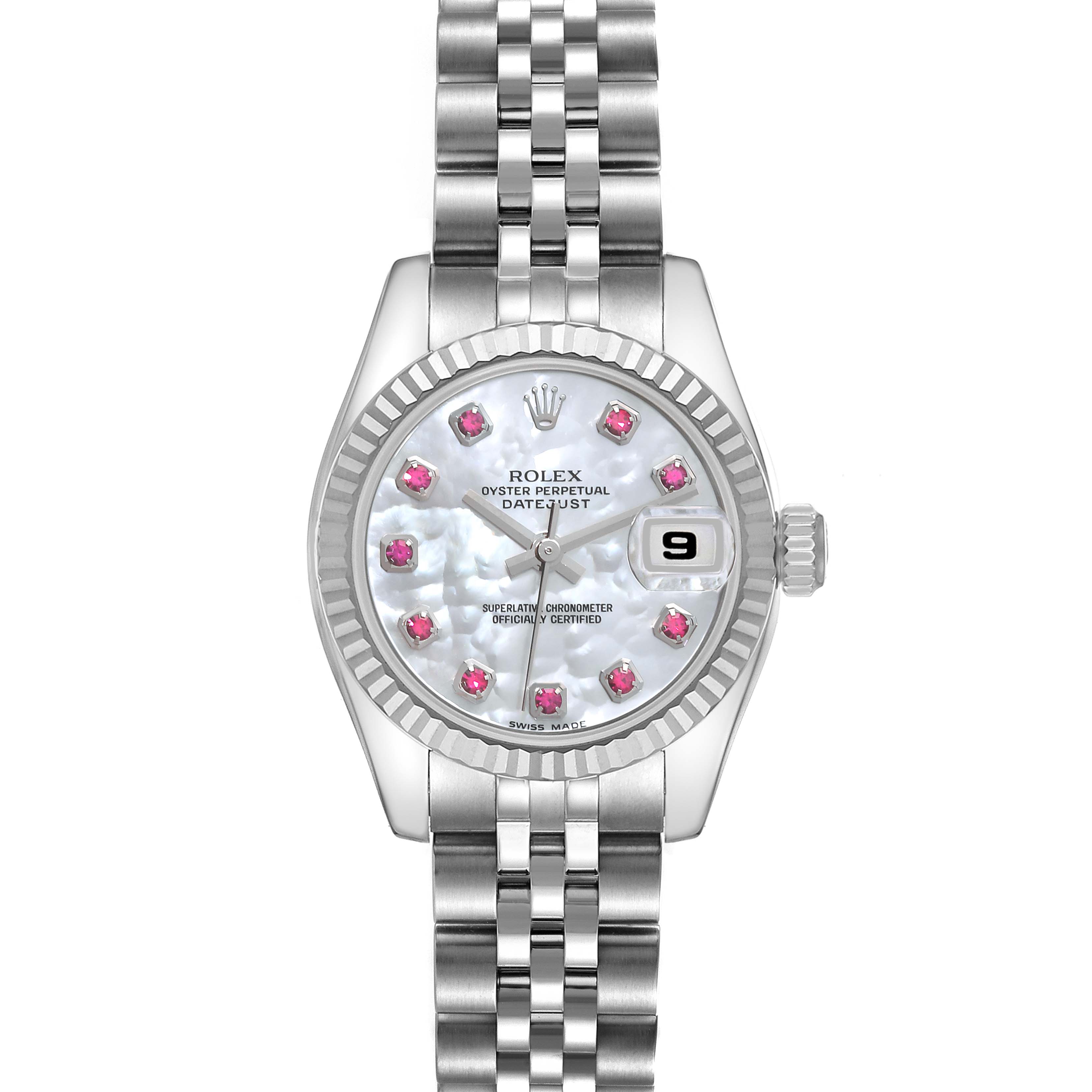 This image displays a front view of the Rolex Datejust 179174 Women's Stainless Steel Mother of Pearl Dial 179174 Women's Stainless Steel Mother of Pearl Dial watch, showcasing its dial, bracelet, and date function.