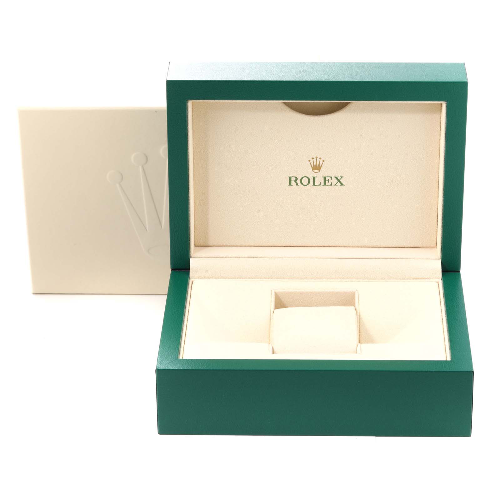 This image shows an open green-and-cream Rolex Datejust 179174 Women's Stainless Steel Mother of Pearl Dial 179174 Women's Stainless Steel Mother of Pearl Dial watch box with the Rolex logo inside the lid.