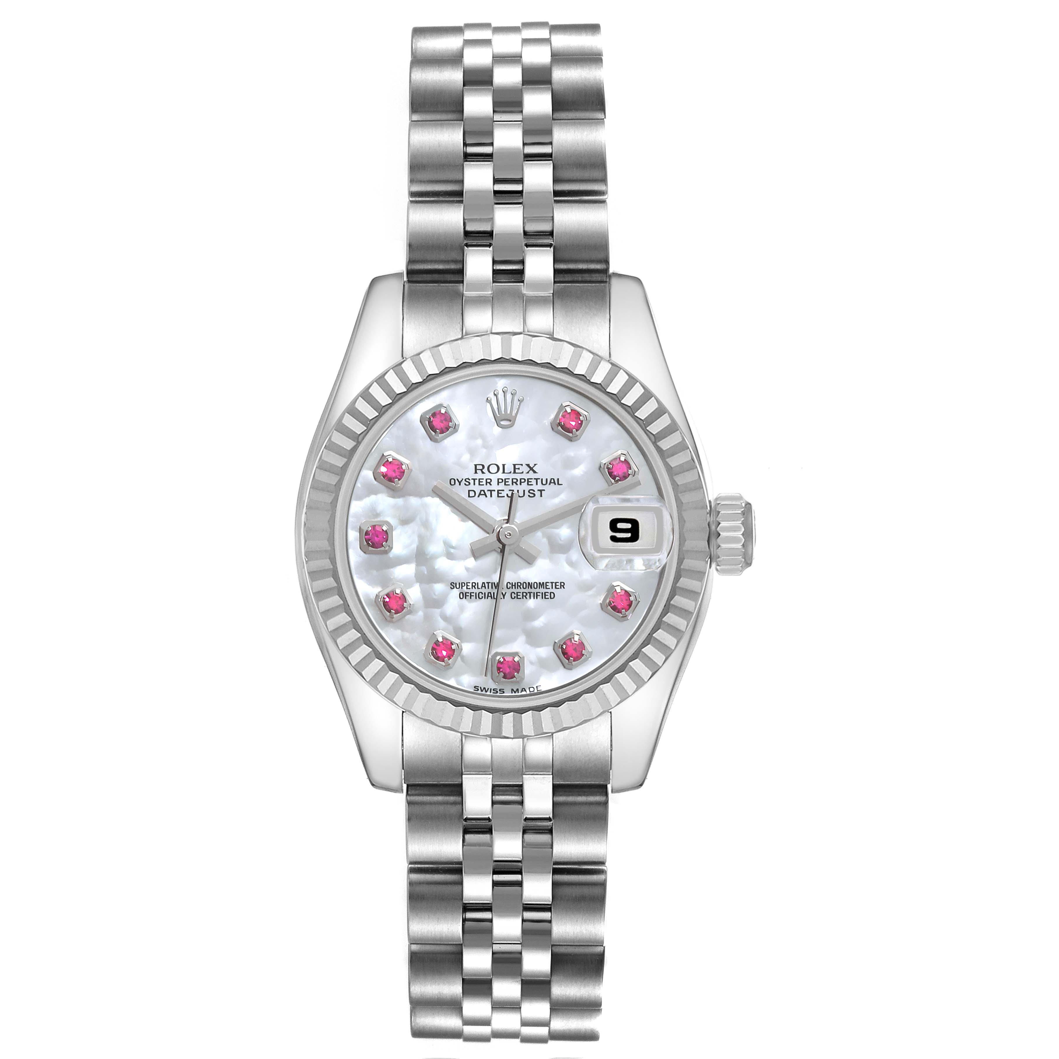 The image displays a front view of a Rolex Datejust 179174 Women's Stainless Steel Mother of Pearl Dial 179174 Women's Stainless Steel Mother of Pearl Dial watch, showcasing its dial, case, bracelet, and date window.