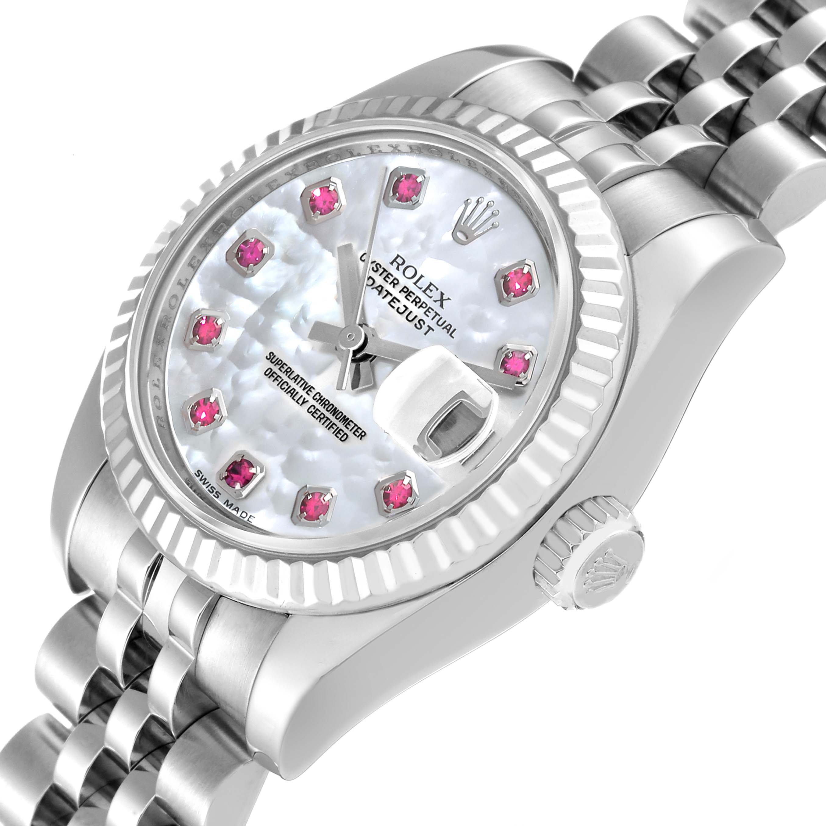 The image shows a Rolex Datejust 179174 Women's Stainless Steel Mother of Pearl Dial 179174 Women's Stainless Steel Mother of Pearl Dial watch at an angle displaying the dial, bezel, crown, and part of the bracelet.