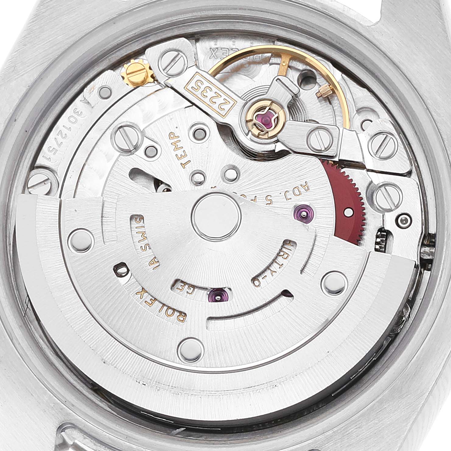 This image shows a detailed view of the Rolex Datejust 179174 Women's Stainless Steel Mother of Pearl Dial 179174 Women's Stainless Steel Mother of Pearl Dial watch's internal movement mechanism from the back.