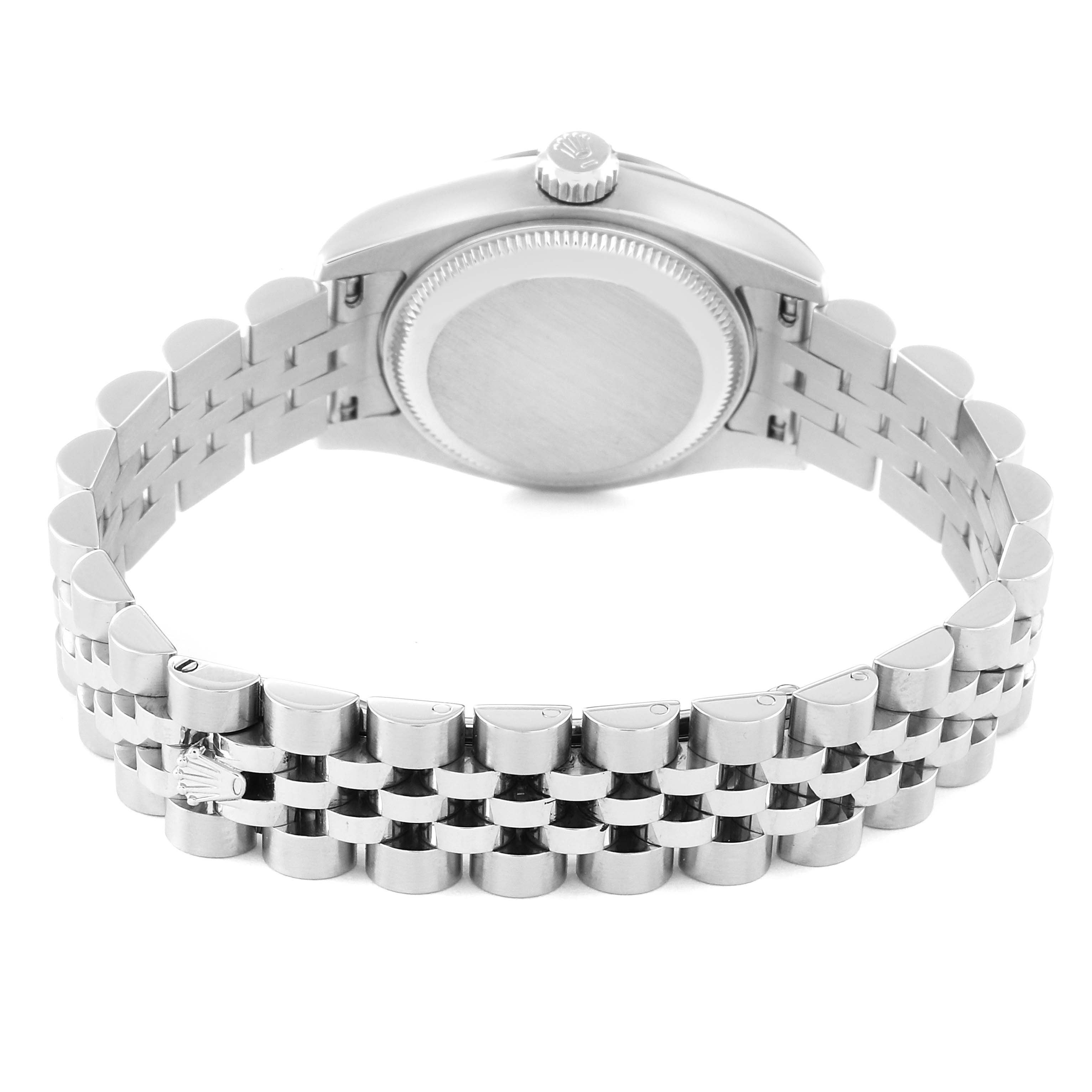 This image shows the Rolex Datejust 179174 Women's Stainless Steel Mother of Pearl Dial 179174 Women's Stainless Steel Mother of Pearl Dial watch from the back, highlighting the clasp, bracelet, and case back.