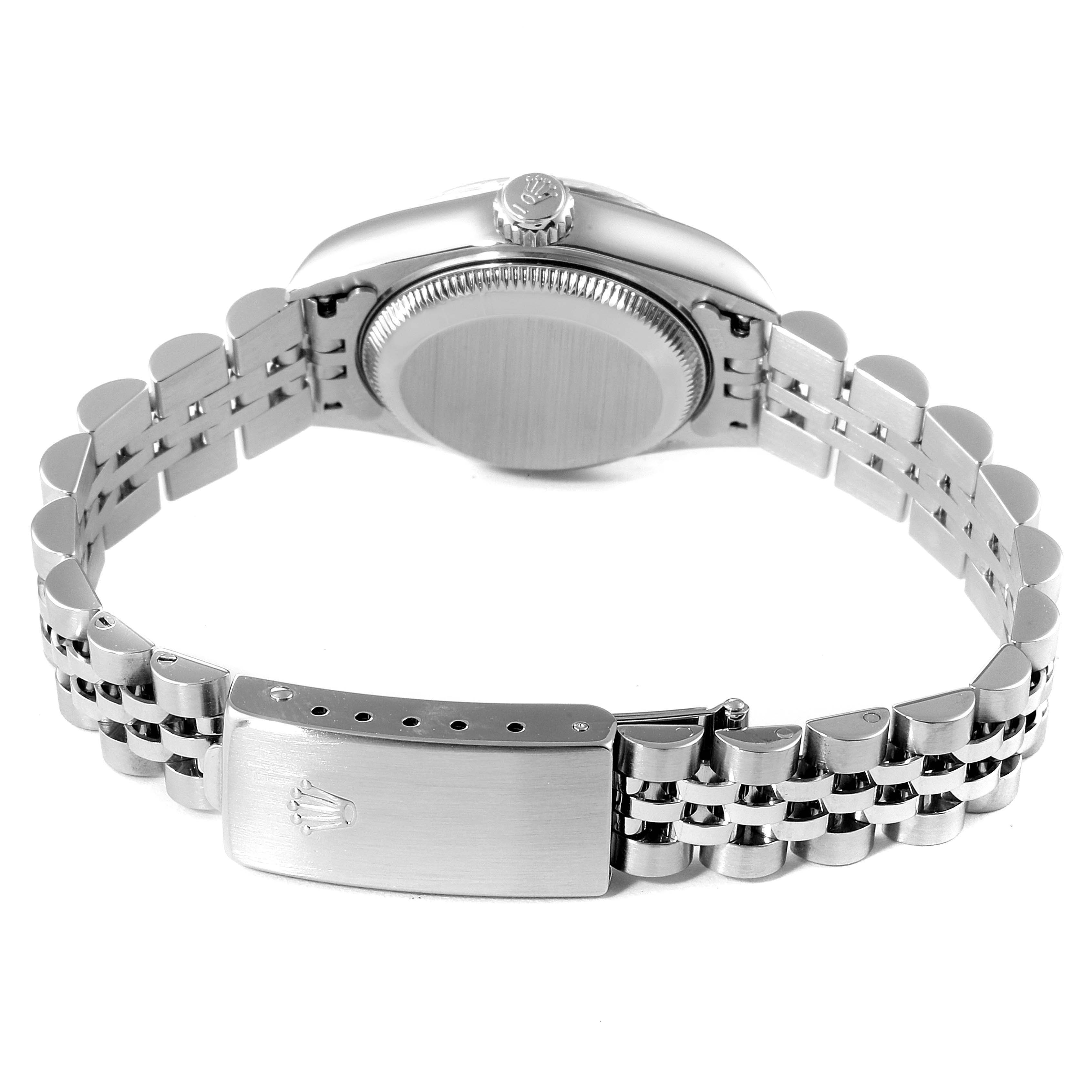 The image shows the back view of the Rolex Datejust 79174 Women
s Stainless Steel Silver Dial 79174 Women
s Stainless Steel Silver Dial watch, highlighting the bracelet, clasp, and caseback.