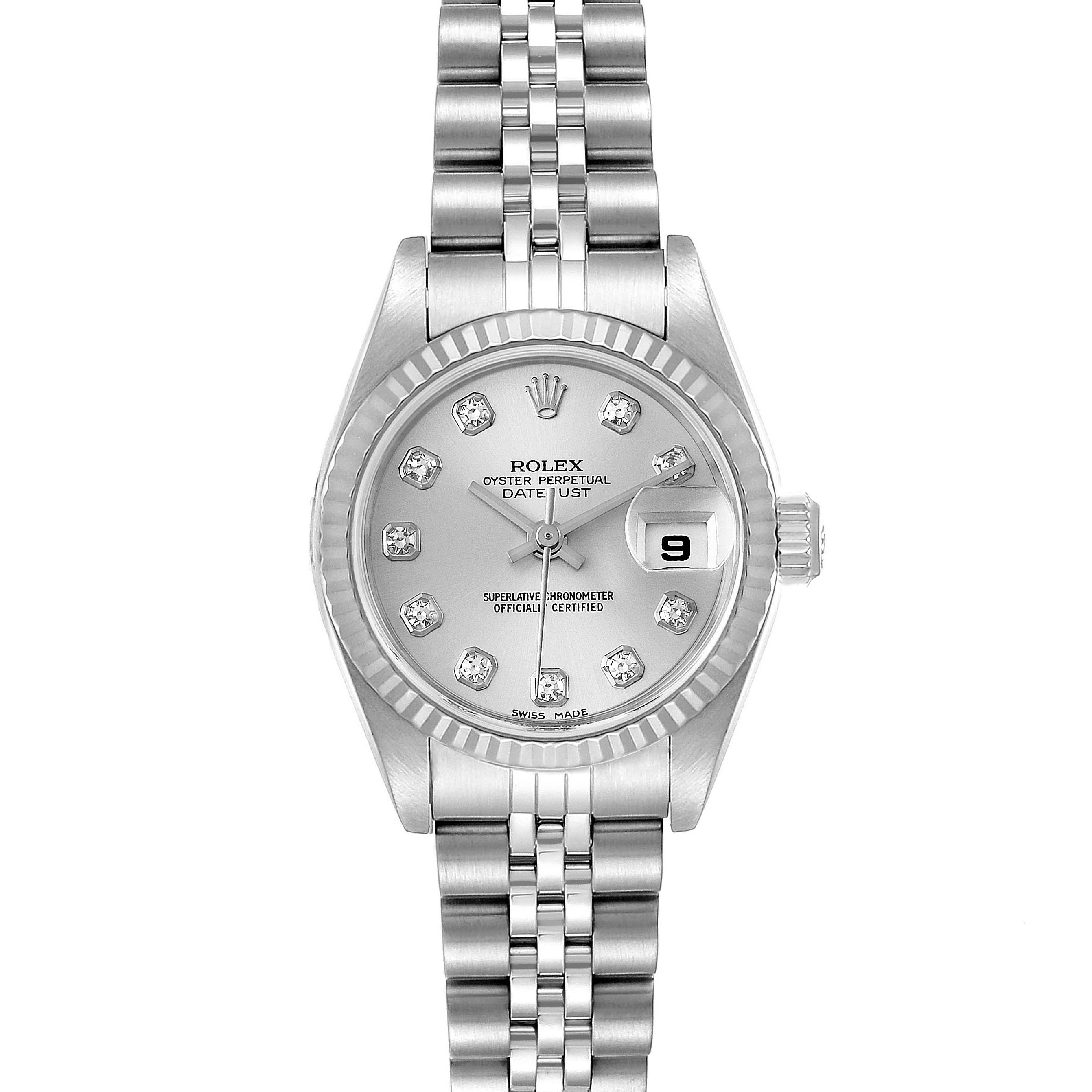 This is a front view of a Rolex Datejust 79174 Women
s Stainless Steel Silver Dial 79174 Women
s Stainless Steel Silver Dial watch, showcasing the dial, hour markers, bezel, and bracelet.